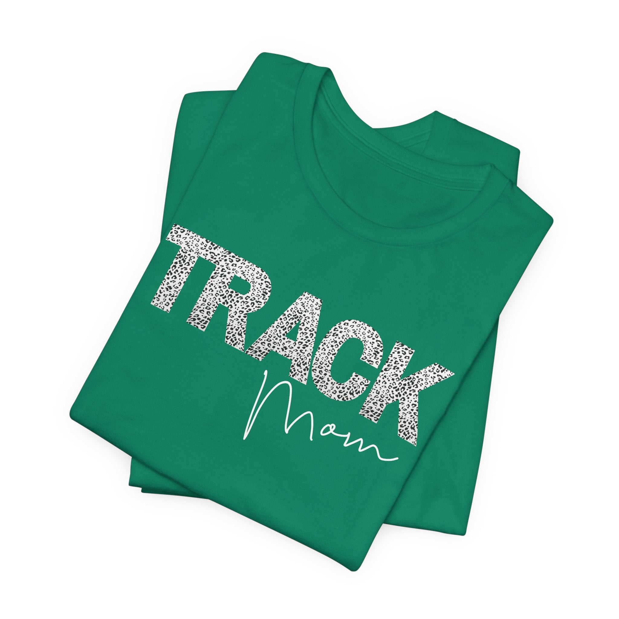 Green t-shirt with 'TRACK Mom' text on a white background
