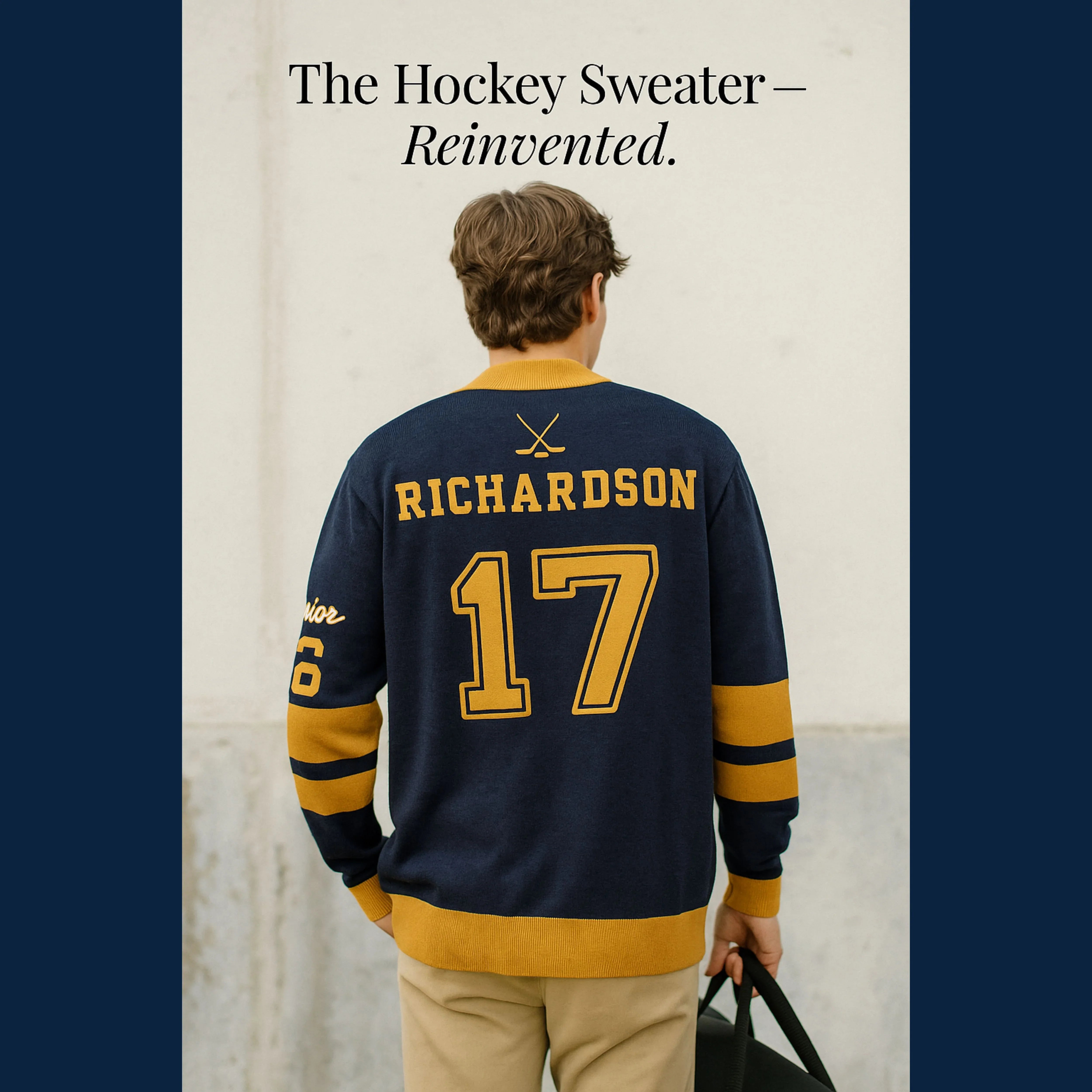 Man wearing navy and gold hockey sweater with RICHARDSON and number 17 on the back