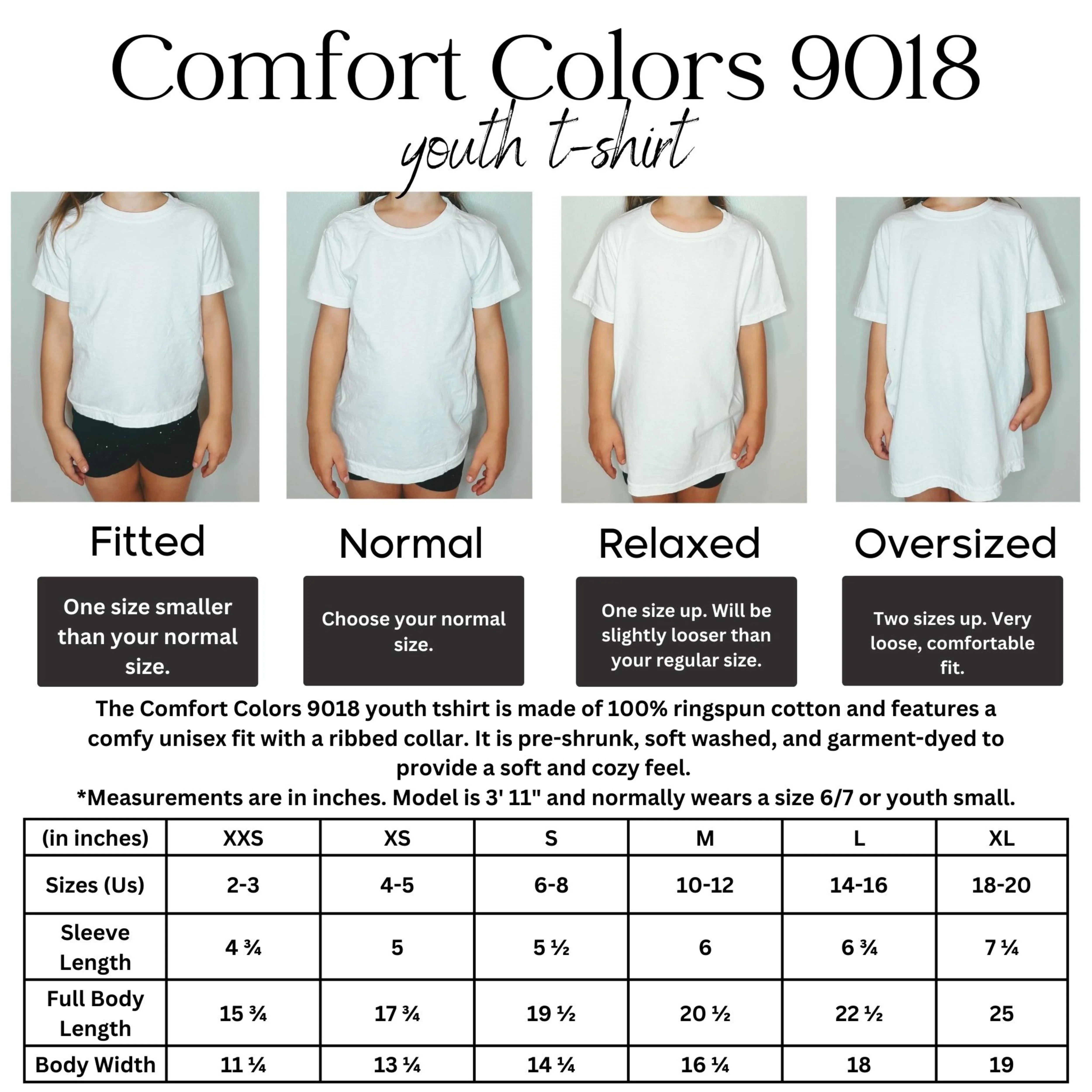 Chart showing different fits of a white youth t-shirt with size chart and measurements.