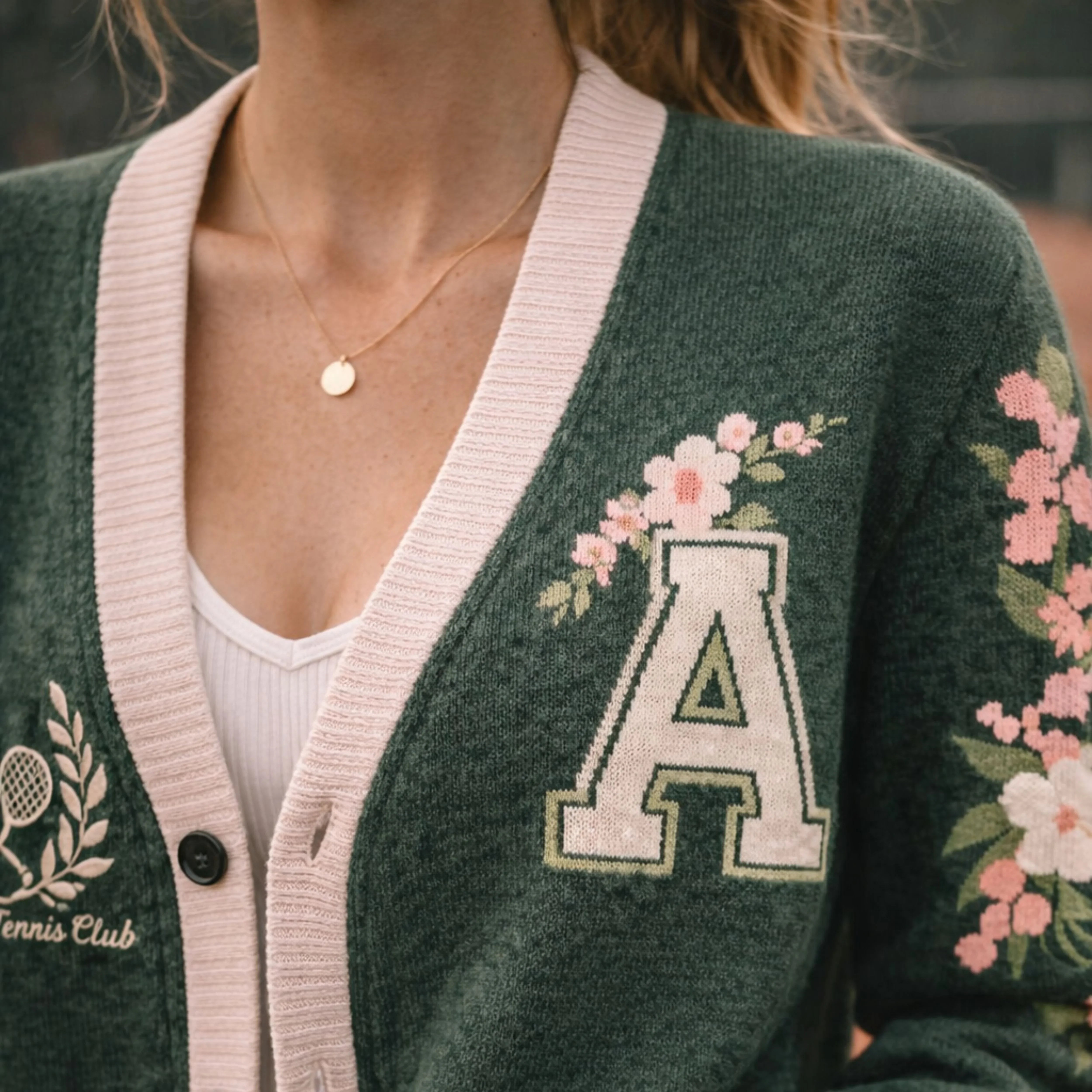 Green varsity cardigan with floral embroidery, letter A patch, tennis club motif, and pink trim