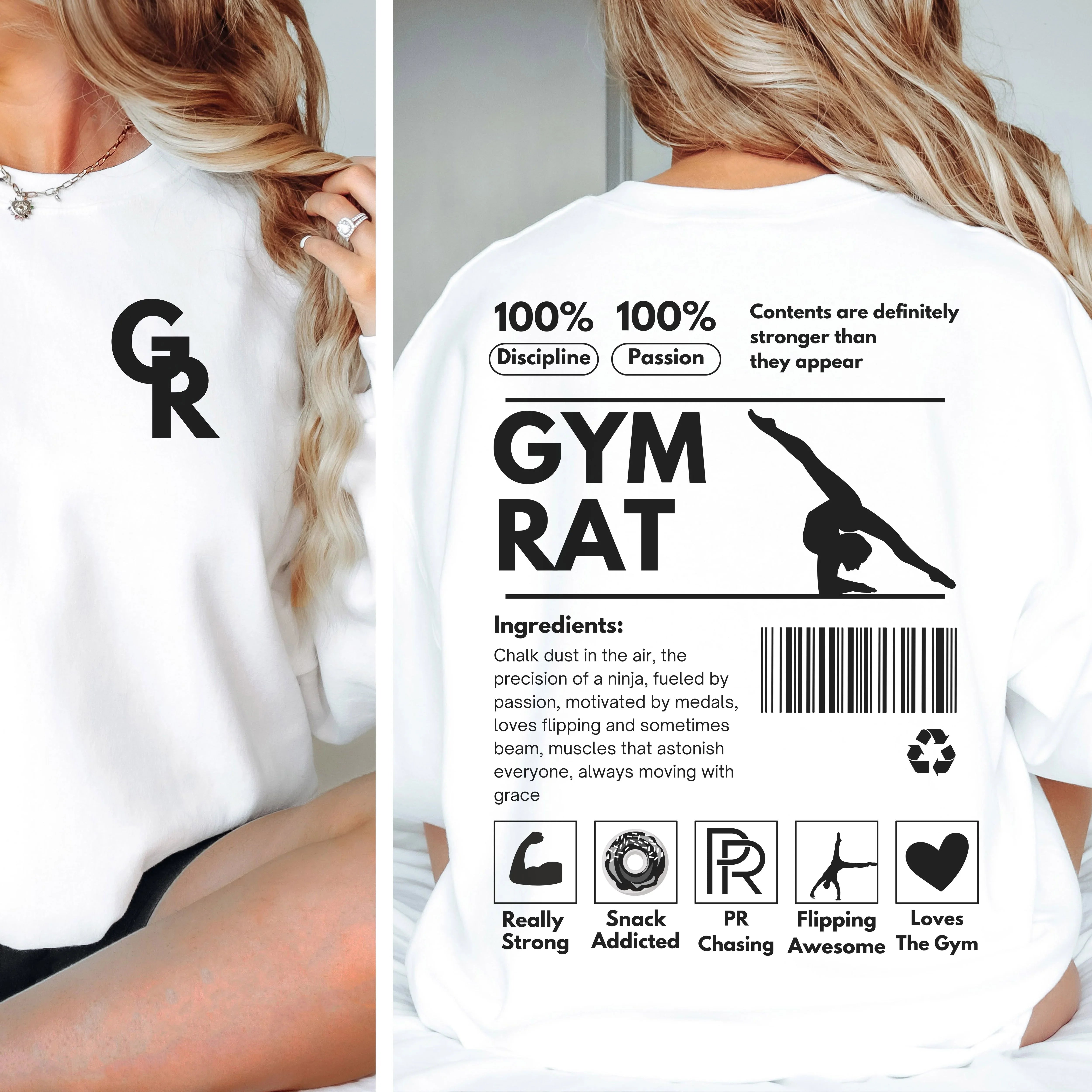 White t-shirt with 'GYM RAT' design on the back, featuring text and graphics.