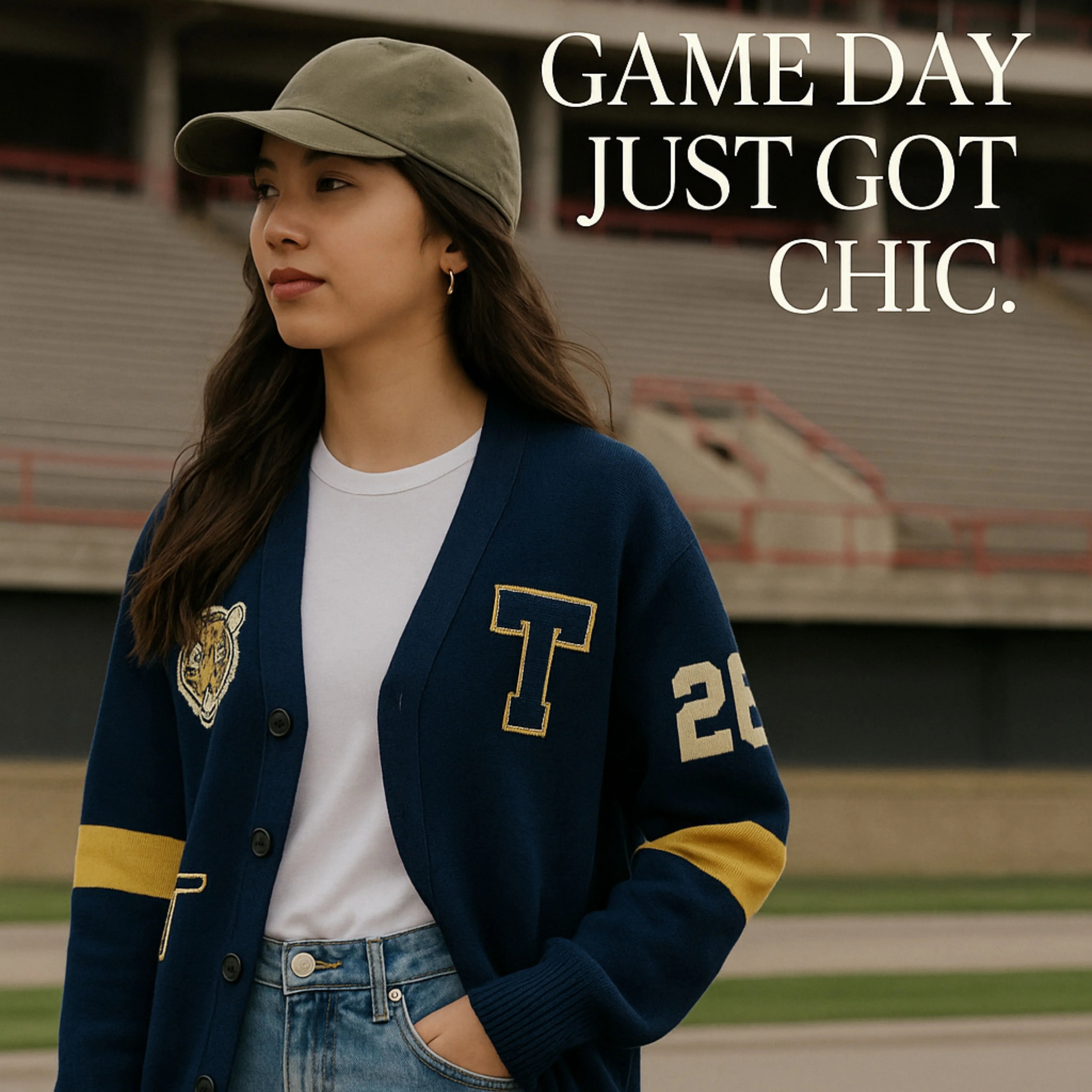 Woman in varsity cardigan and baseball cap at stadium, chic sports parent apparel style