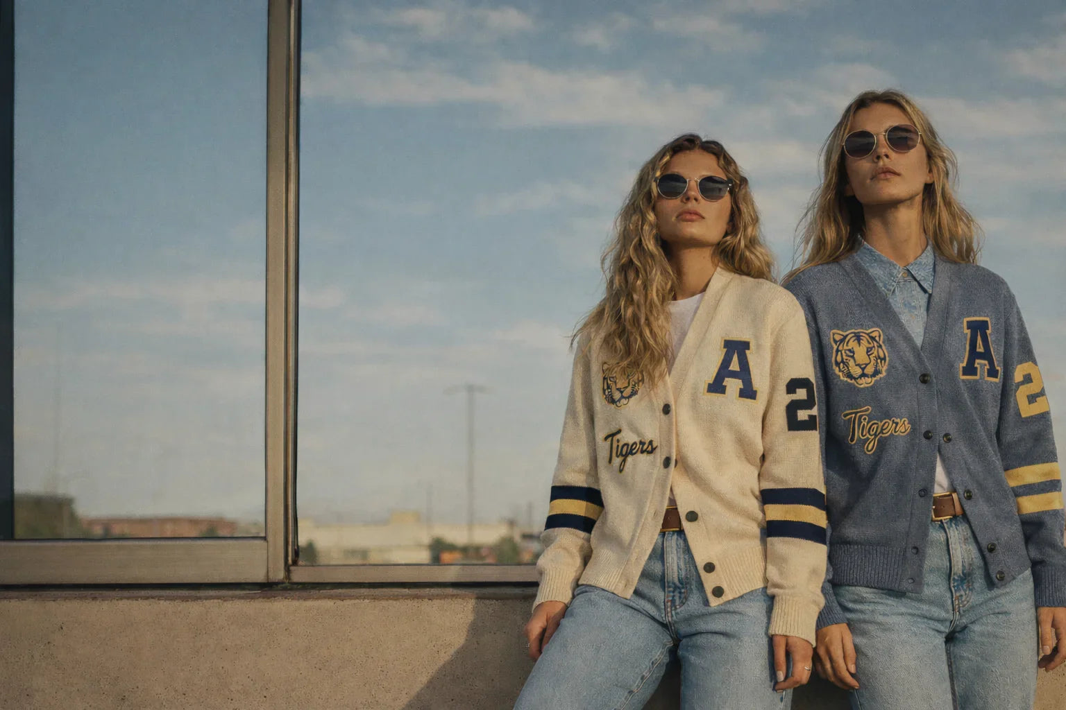 Two women in retro varsity cardigans with tiger and letter A patches, wearing sunglasses outdoors