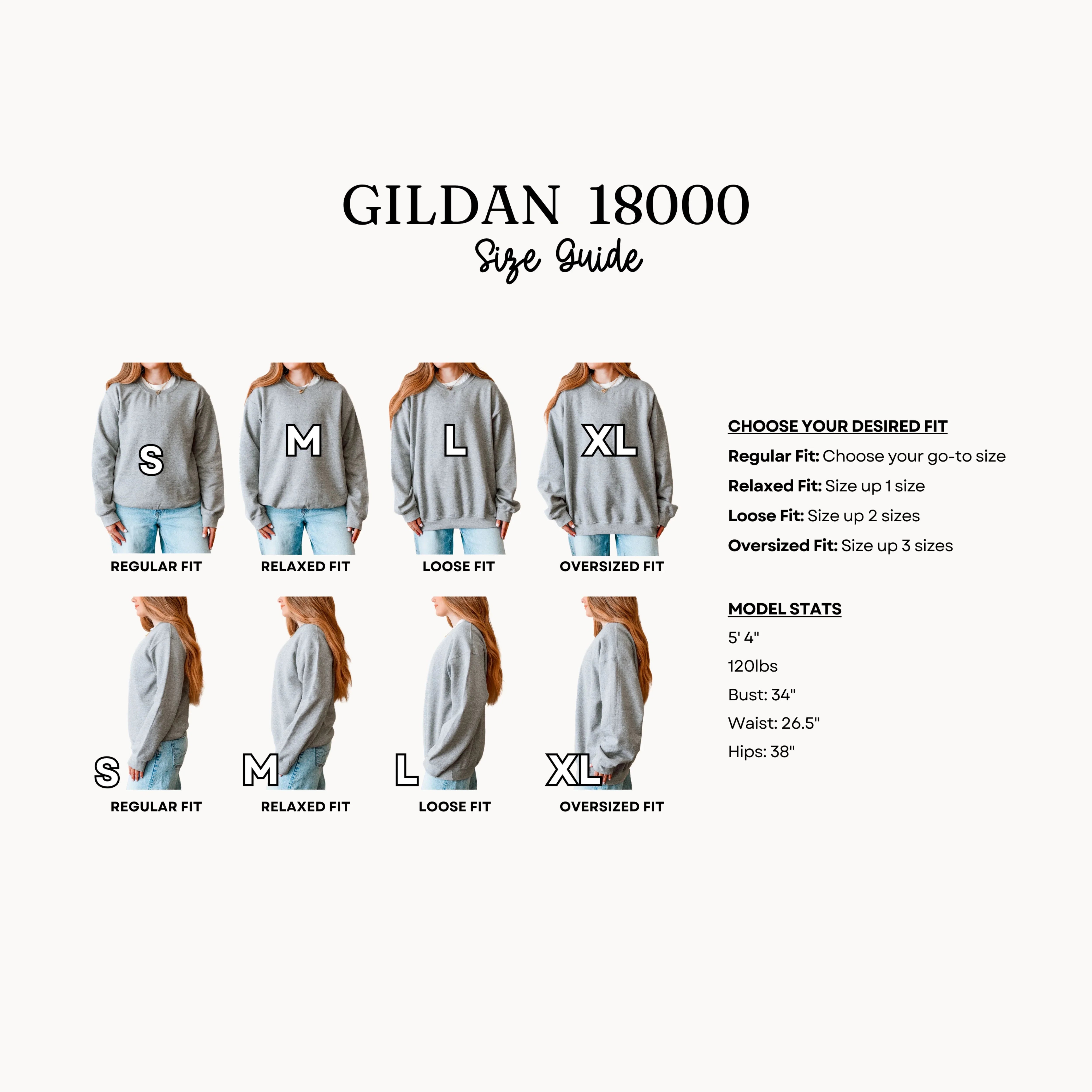 Gildan 18000 size guide with models wearing sweatshirts in various fits.