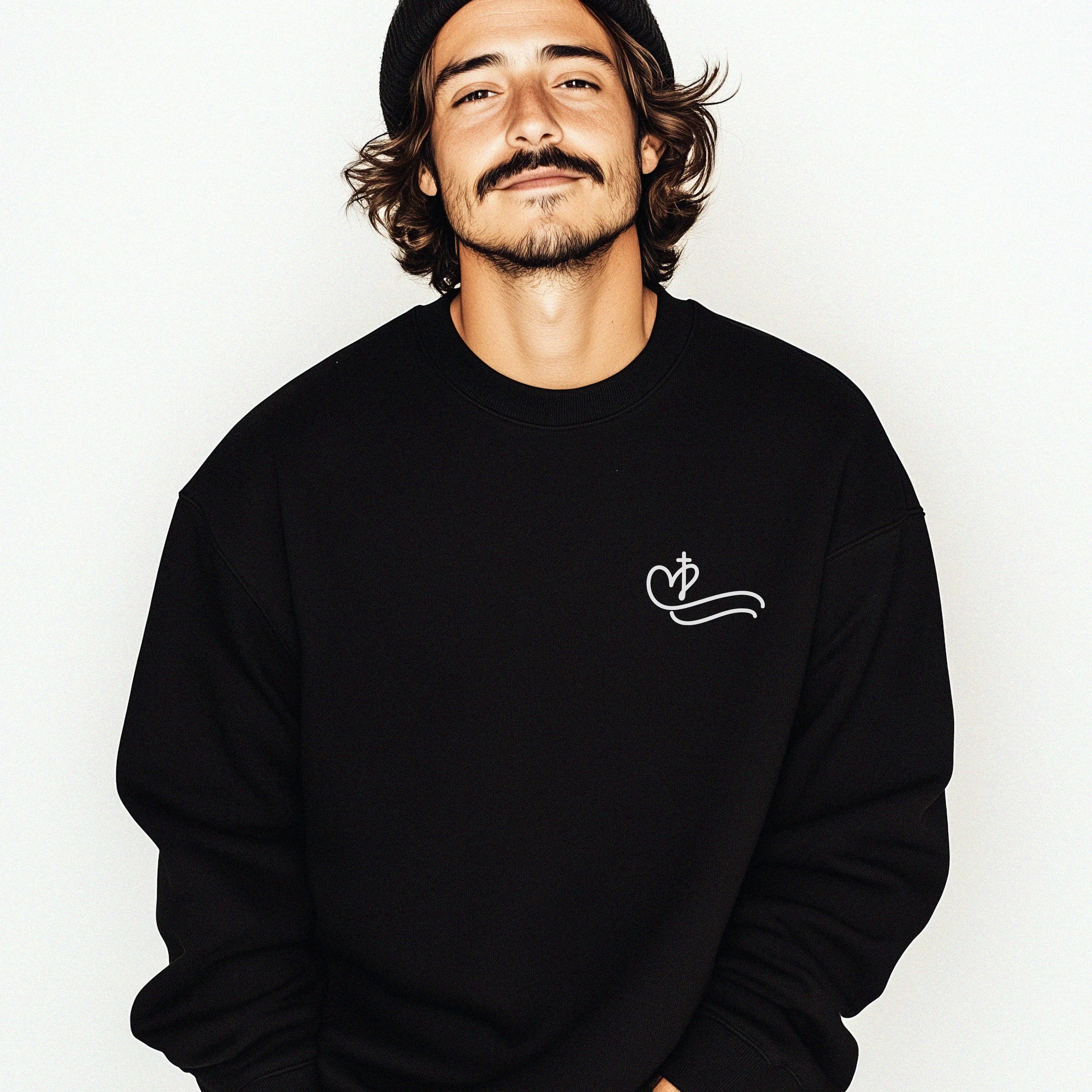 Man wearing a black sweatshirt with a white faith and swim Christian Faith based