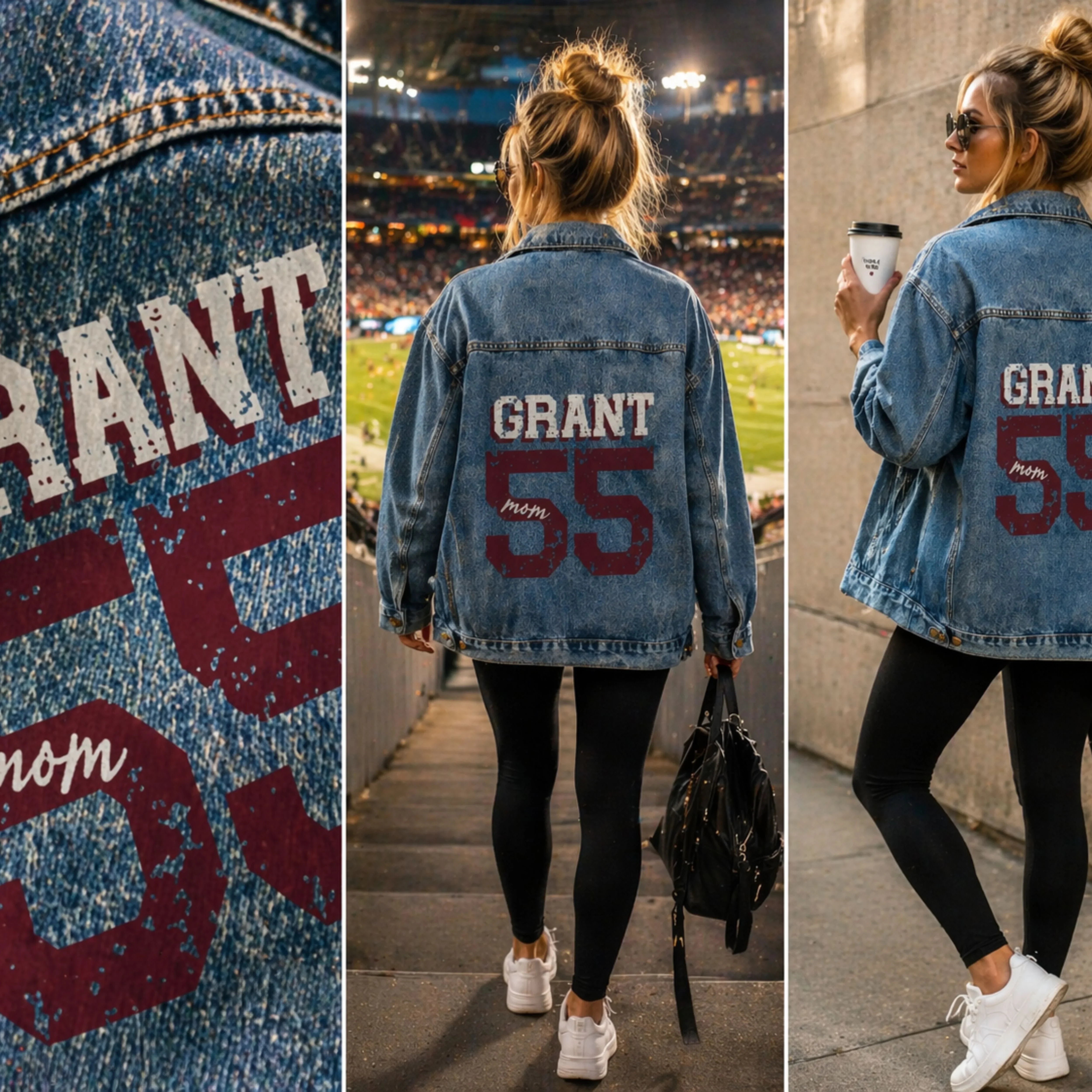 Woman wearing a denim jacket with 'GRANT 55' text, walking outdoors.