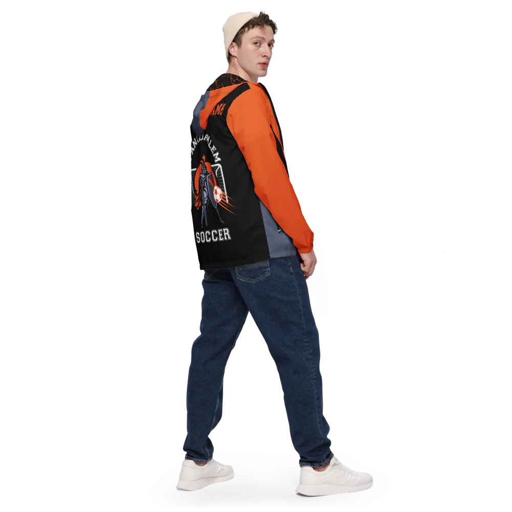Person wearing a black and orange soccer jersey with jeans on a white background