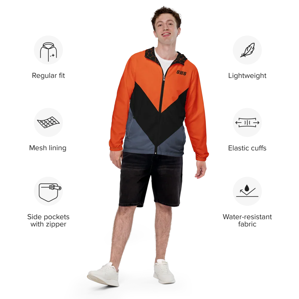 Person wearing an orange and black jacket with product features listed on a white background