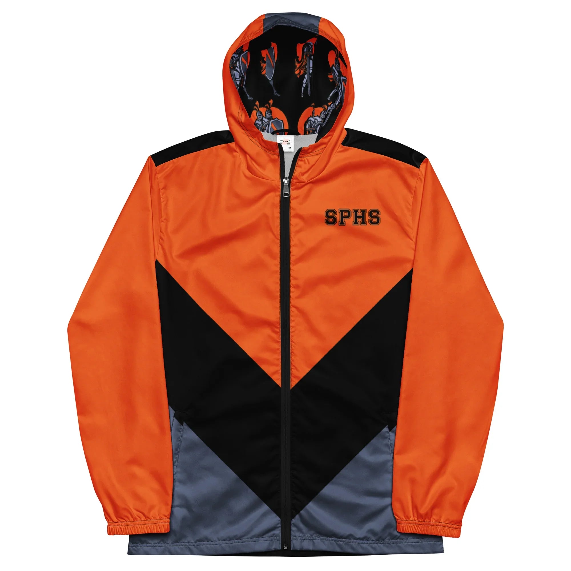 Orange and black jacket with 'SPHS' branding on a white background