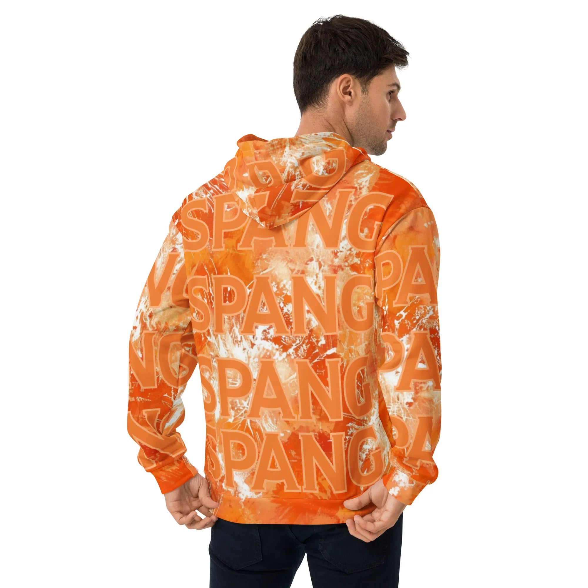 Man wearing an orange hoodie with 'Custom' text pattern on a white background