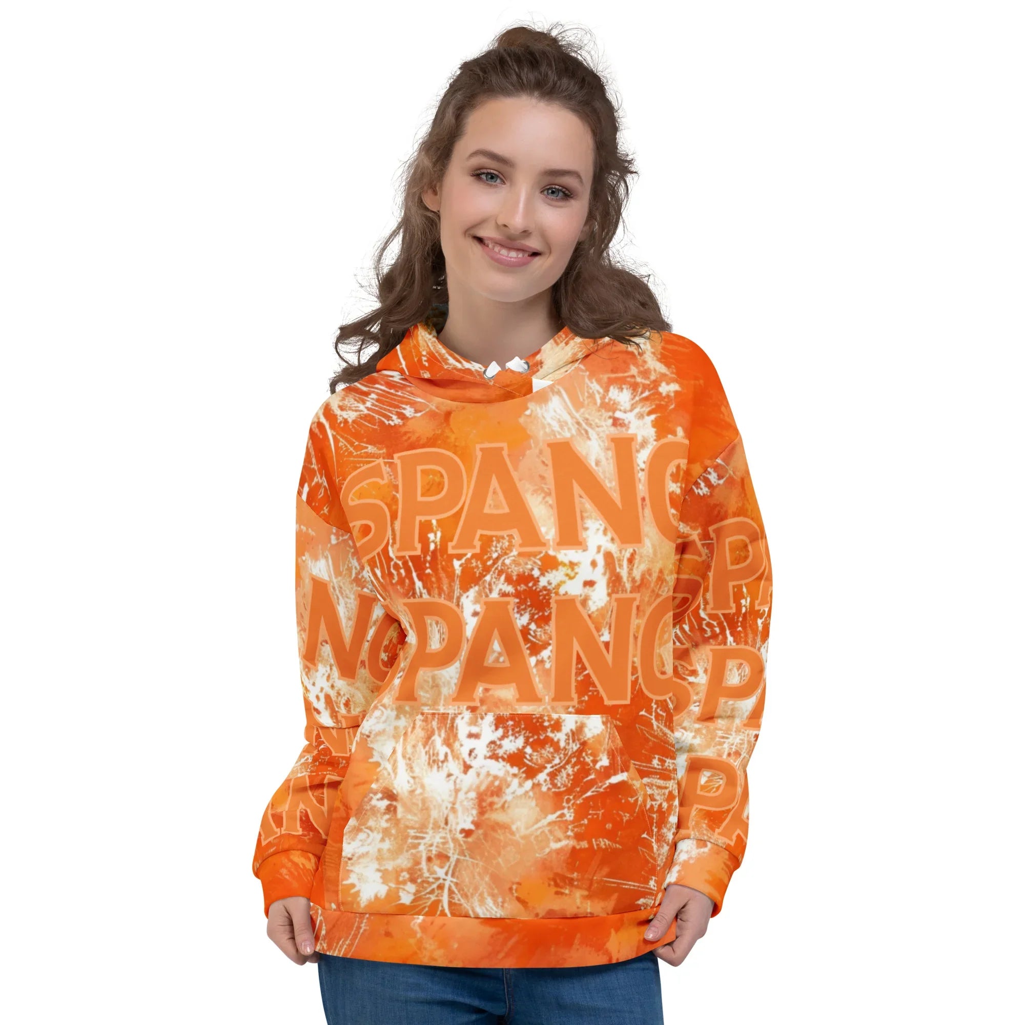 Person wearing an orange and white tie-dye hoodie with 'Custom' text on a white background