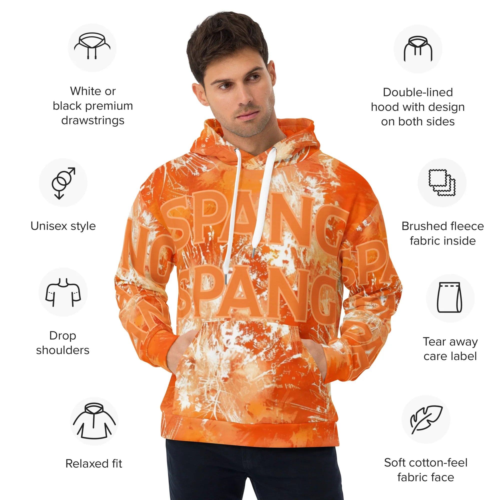 Orange hoodie with 'SPANG' text, features listed on the left, on a white background