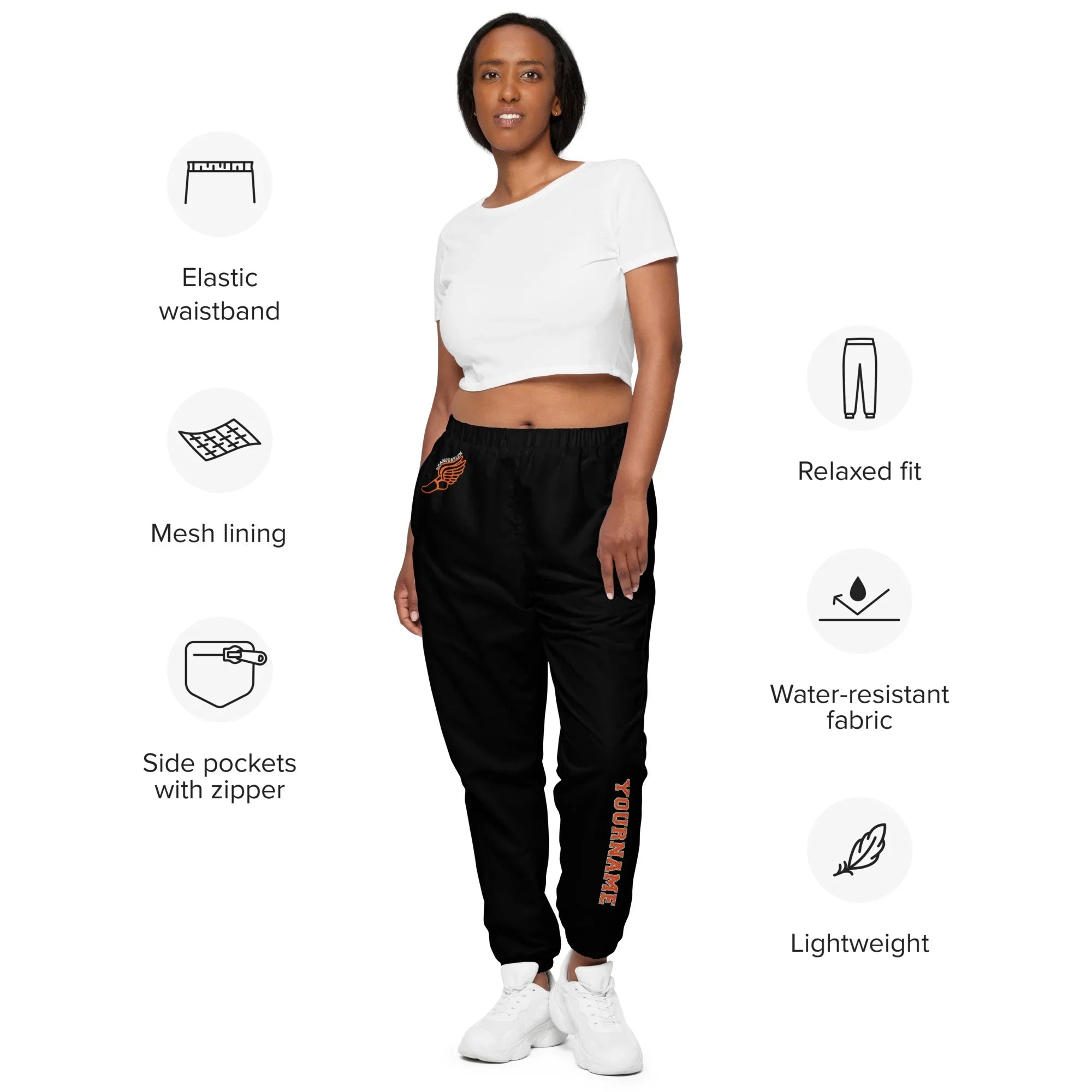 Woman wearing black pants with text, standing against a white background with feature icons.