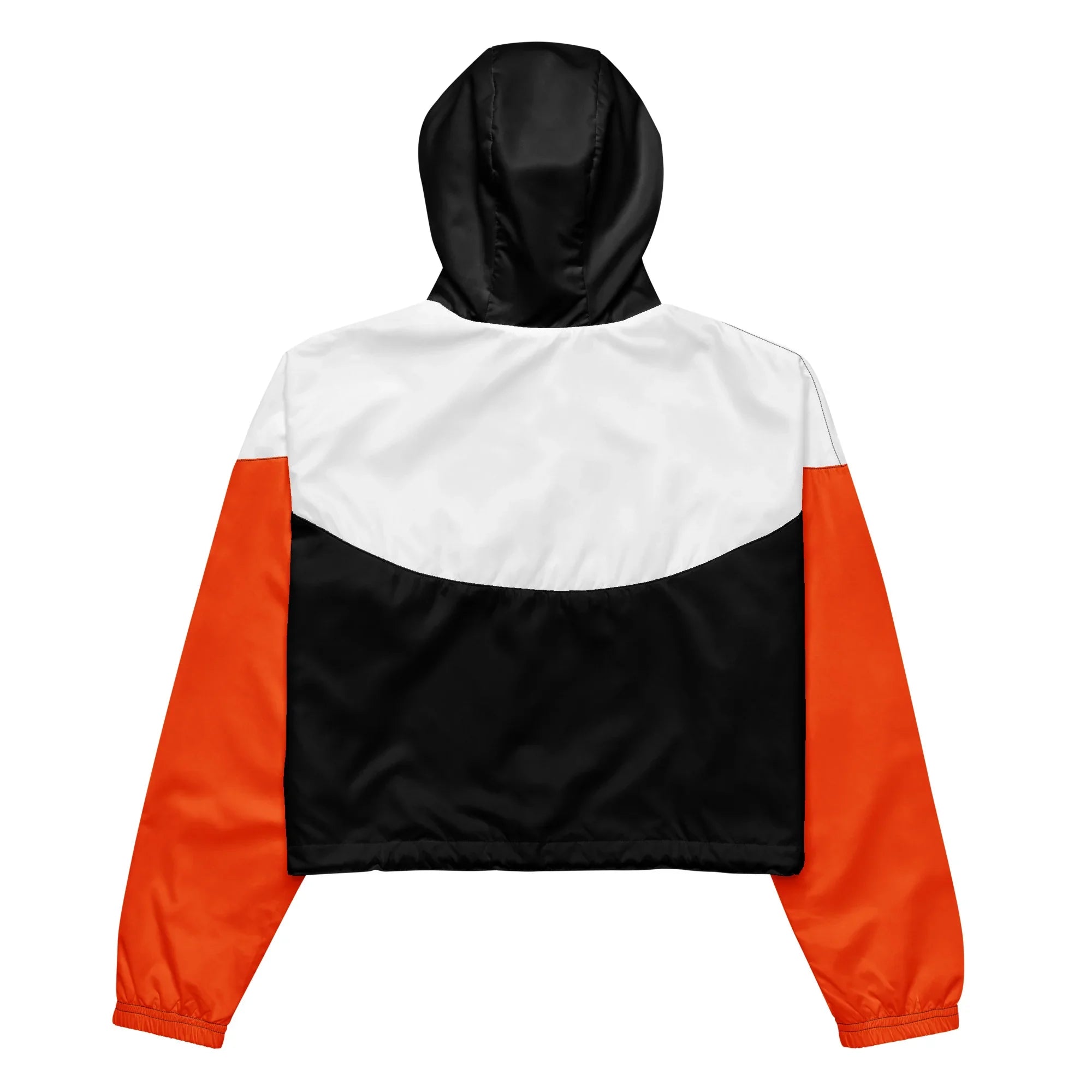 Color-blocked jacket with black, white, and orange sections on a white background