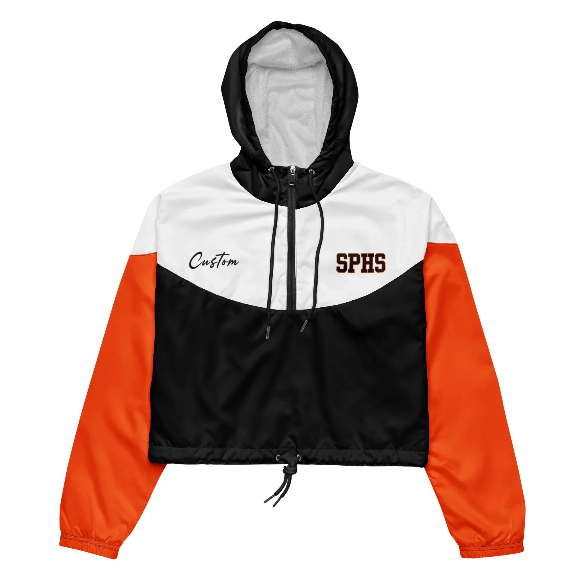 Custom Three-tone jacket with black, white, and orange colors on a white background