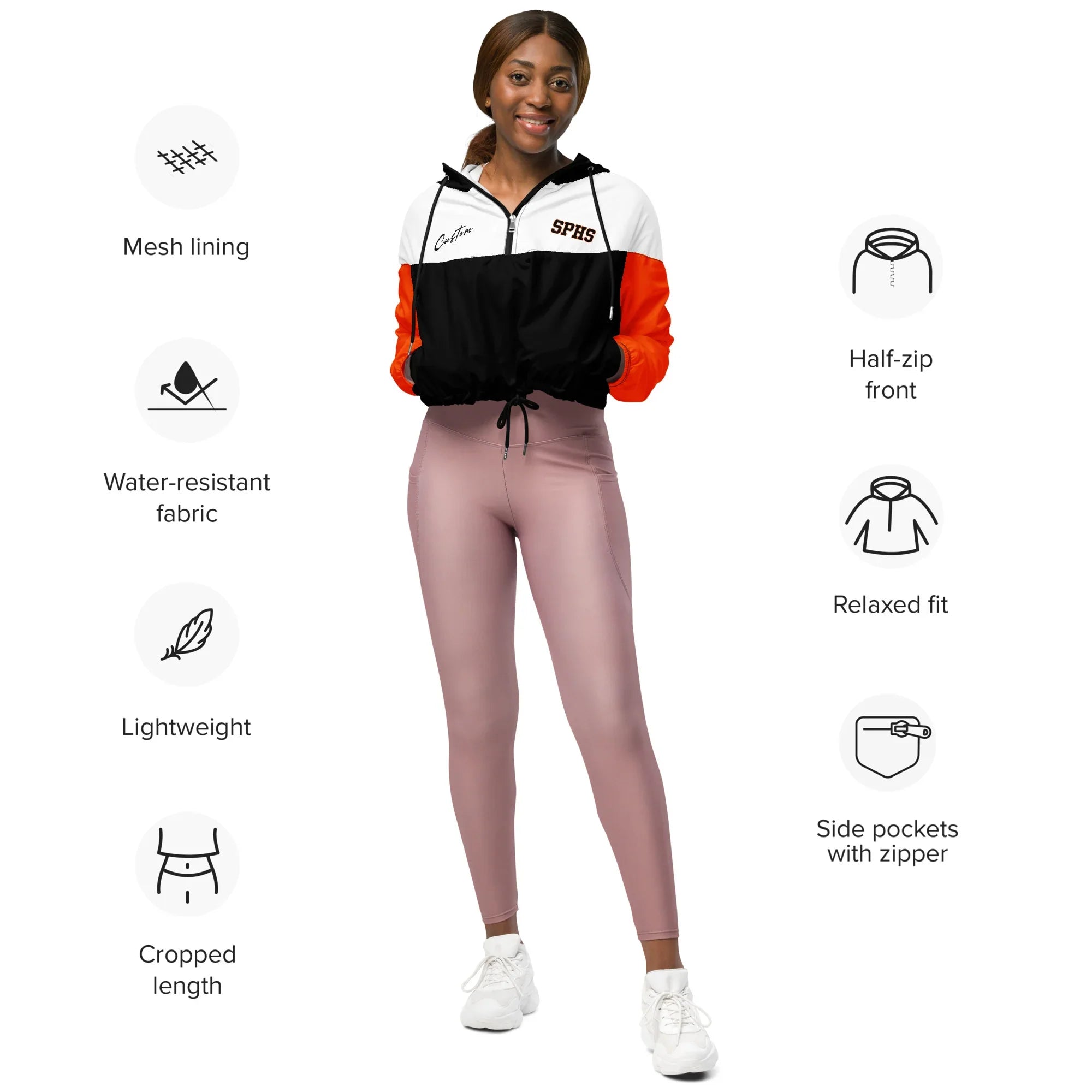 Woman wearing a black and orange jacket with pink leggings, surrounded by icons and text describing features.
