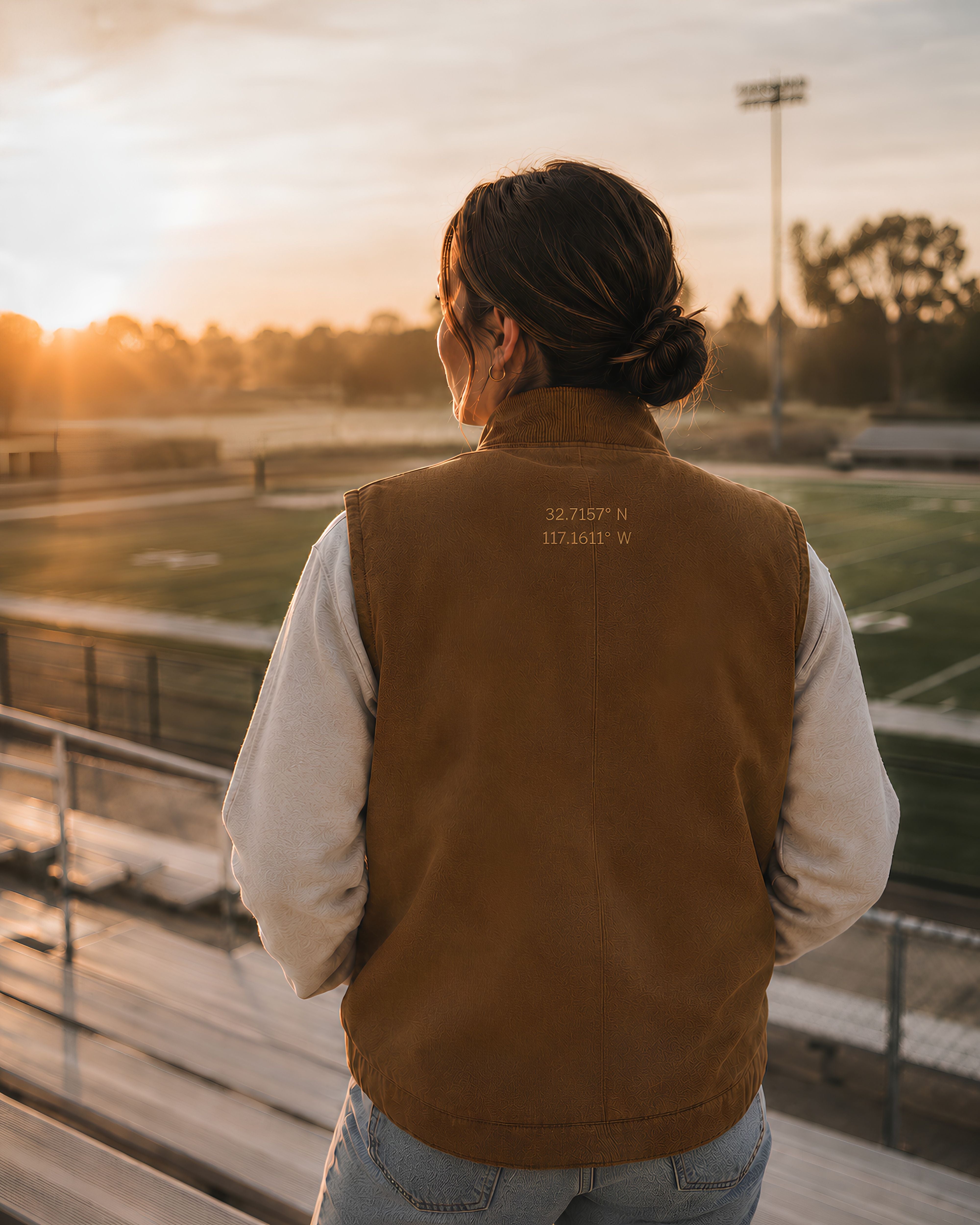 A person viewed from behind wearing a brown corduroy-style vest over a white long-sleeve shirt and light blue jeans, standing on stadium bleachers at sunset with a football field in the background.