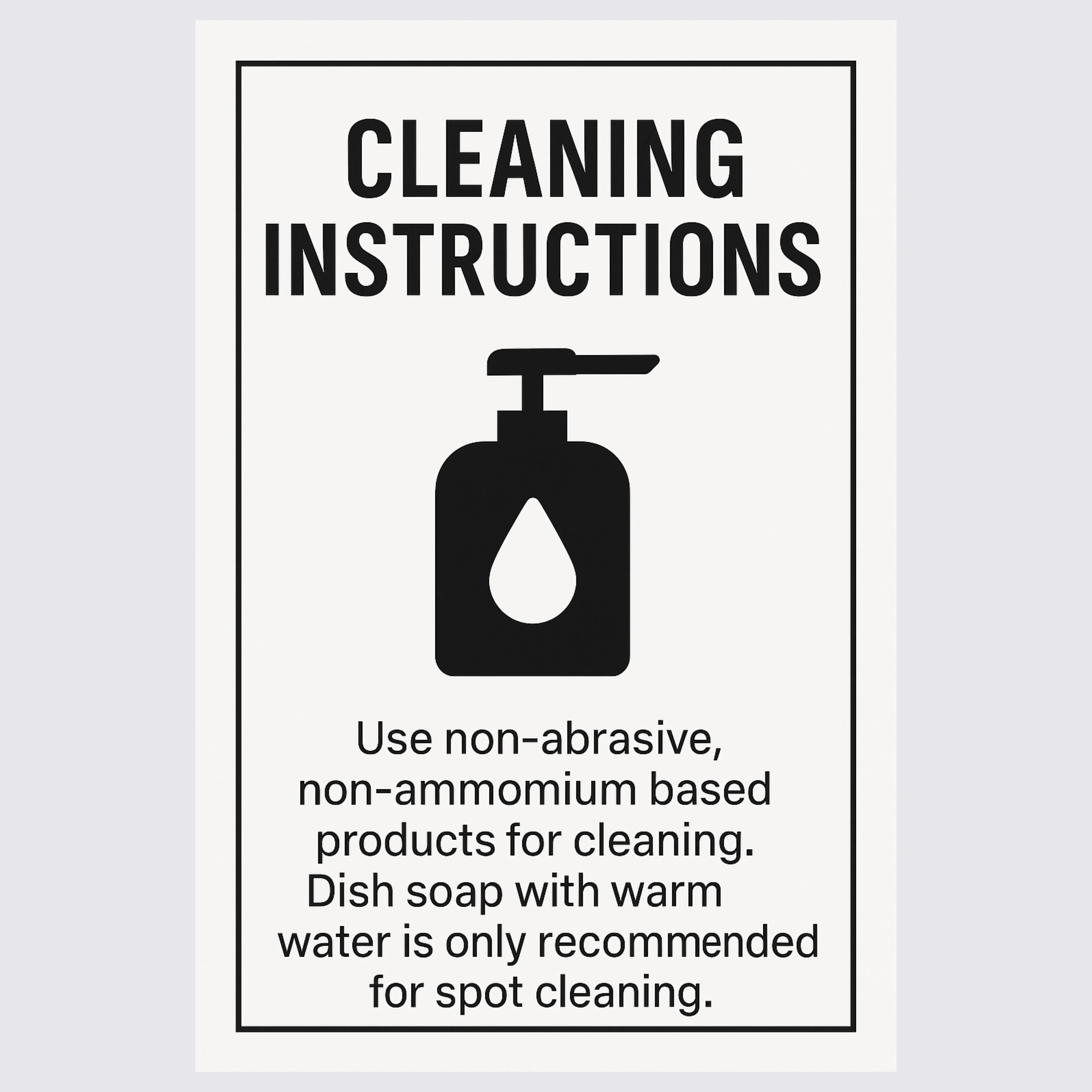 Cleaning instructions sign with a soap dispenser icon on a light gray background