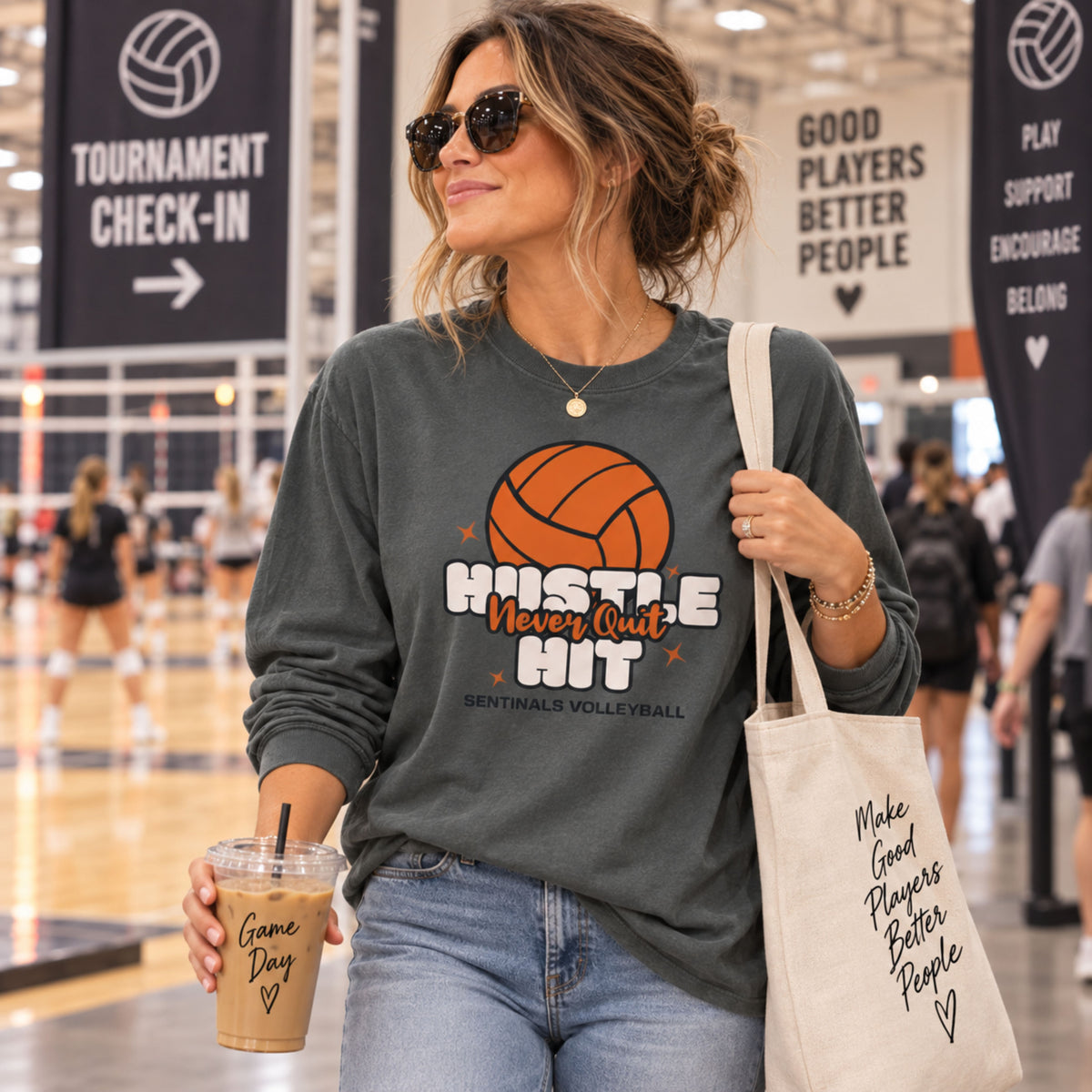 Hustle Hit Never Quit Volleyball Long Sleeve