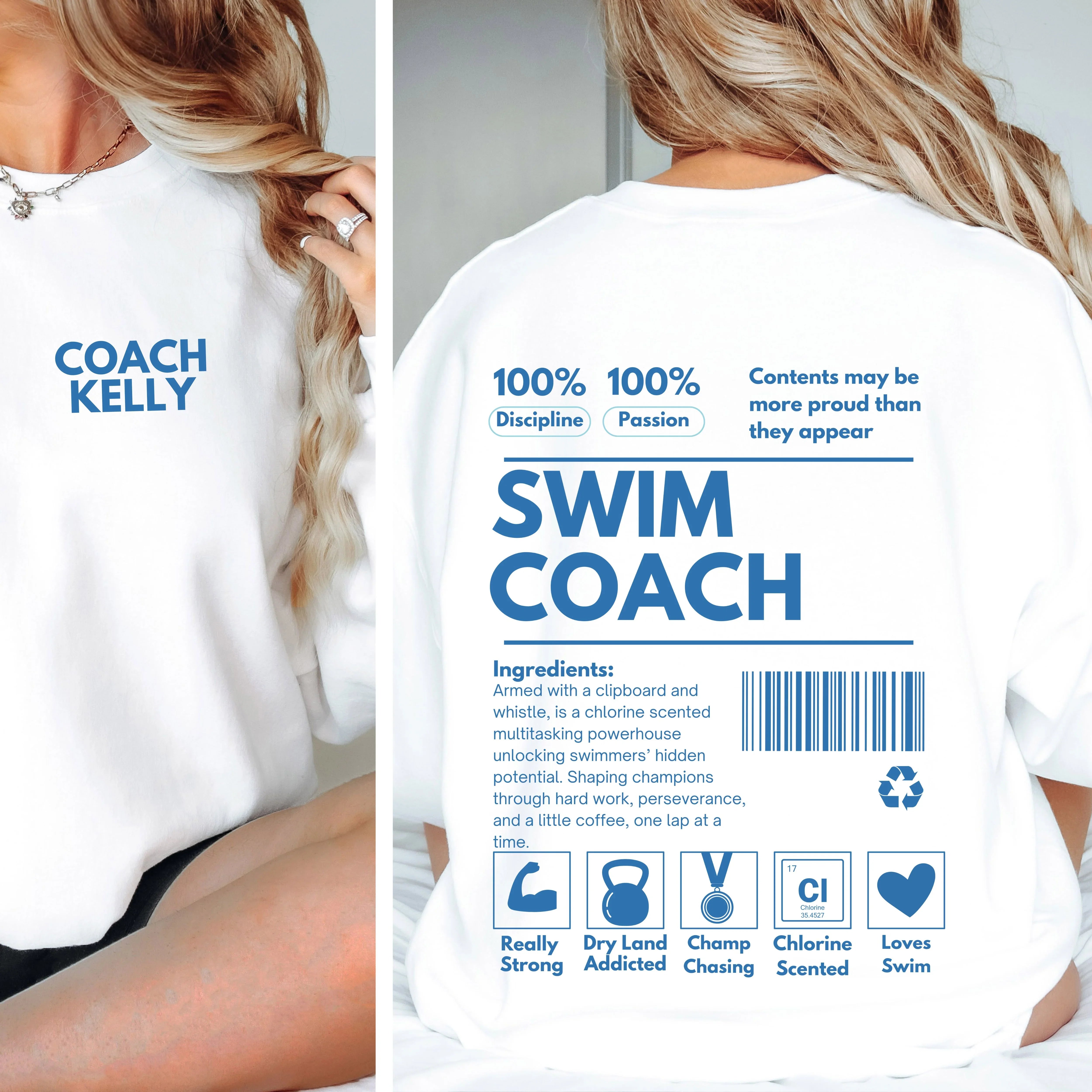 White t-shirt with Custom 'Coach Kelly' branding on the front and humorous 'Swim Coach' text and graphics on the back.