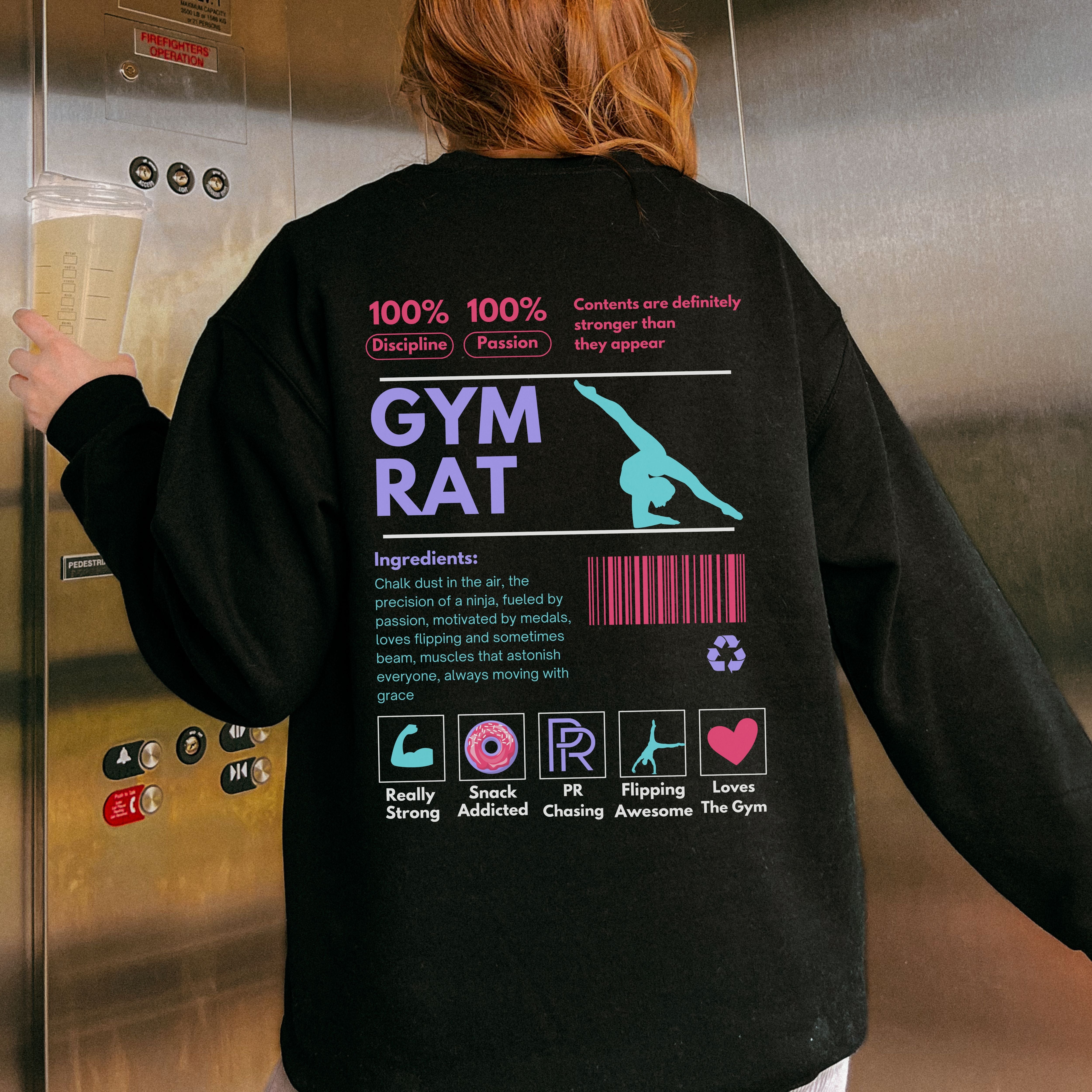 gymnastics sweatshirt-gym rat colorful ingredient label style design