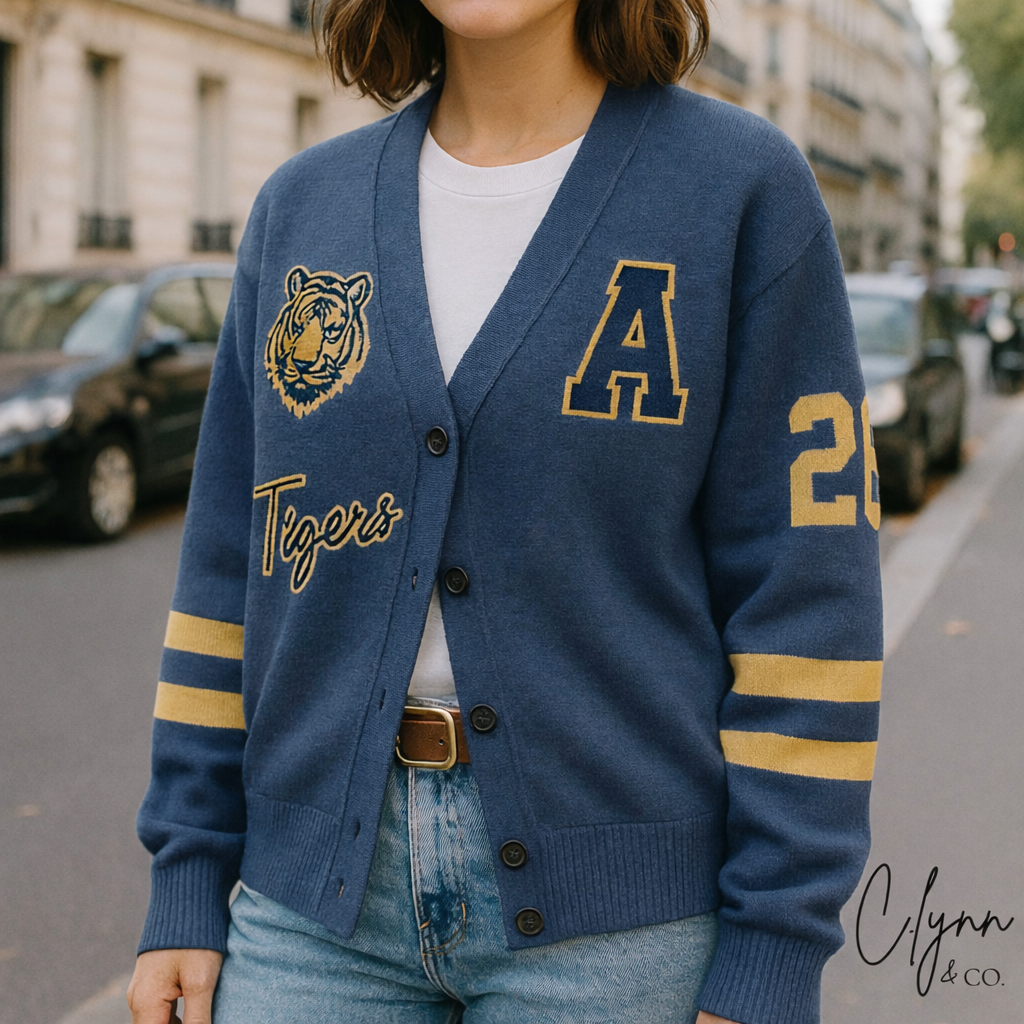 Navy and Gold Custom Varsity Knit Cardigan with Tigers, Letter A, Stripes on the sleeves