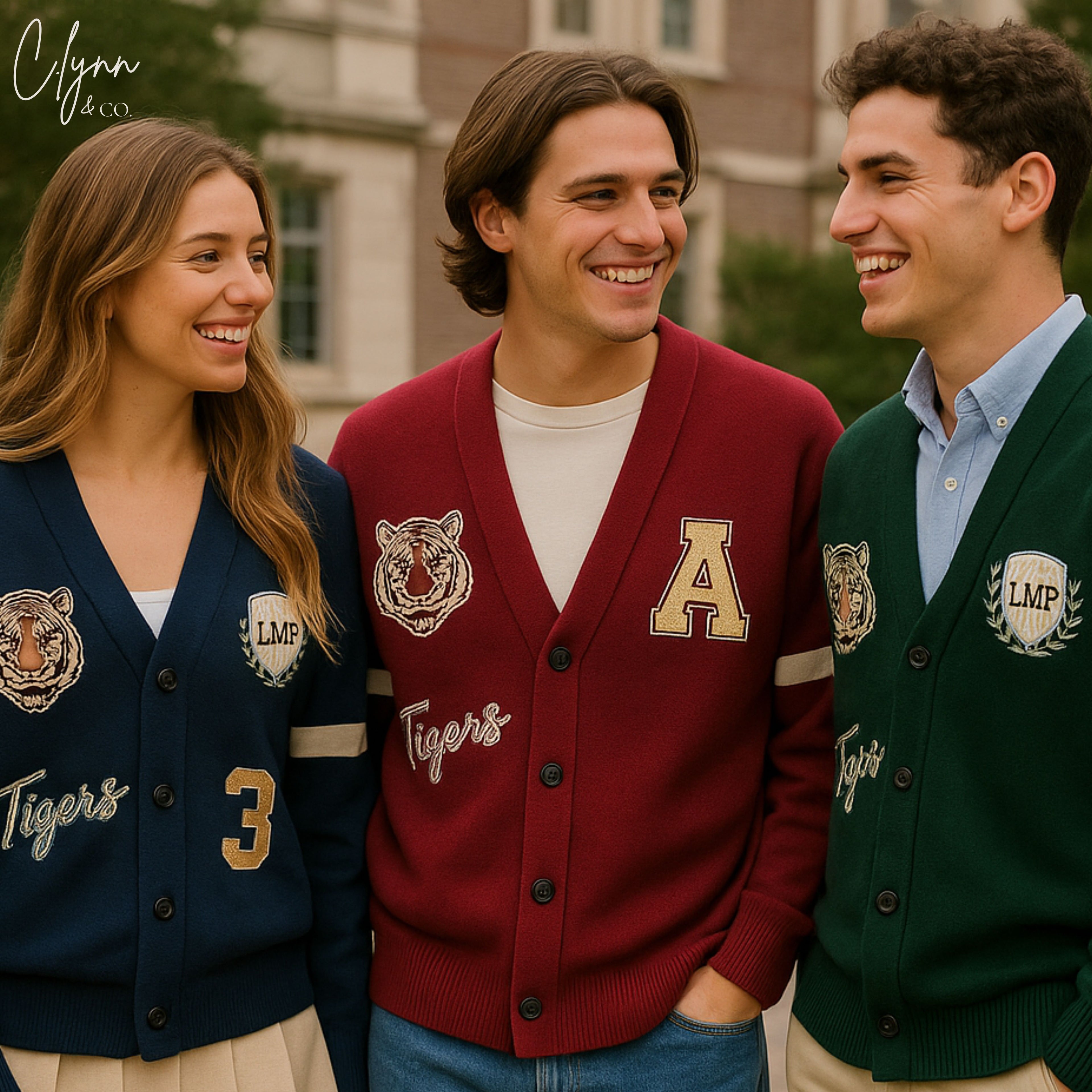 Three people wearing embroidered varsity cardigans with sports patches outdoors