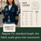 Woman wearing blue varsity knit cardigan with tiger patch, yellow stripes, and size chart shown.