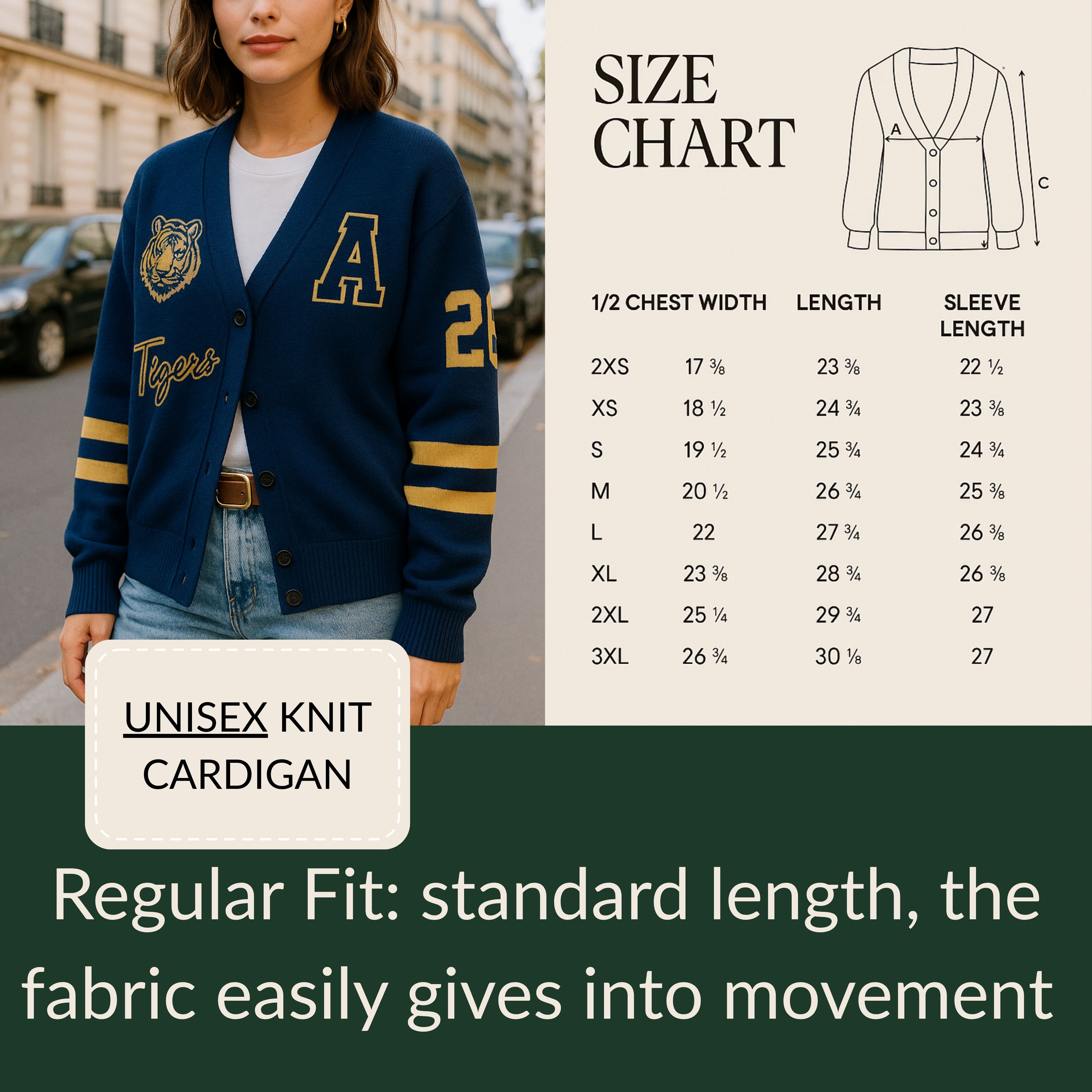 Woman wearing blue varsity knit cardigan with tiger patch, yellow stripes, and size chart shown.