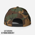 Back view of camo snapback hat with adjustable strap and custom embroidery text