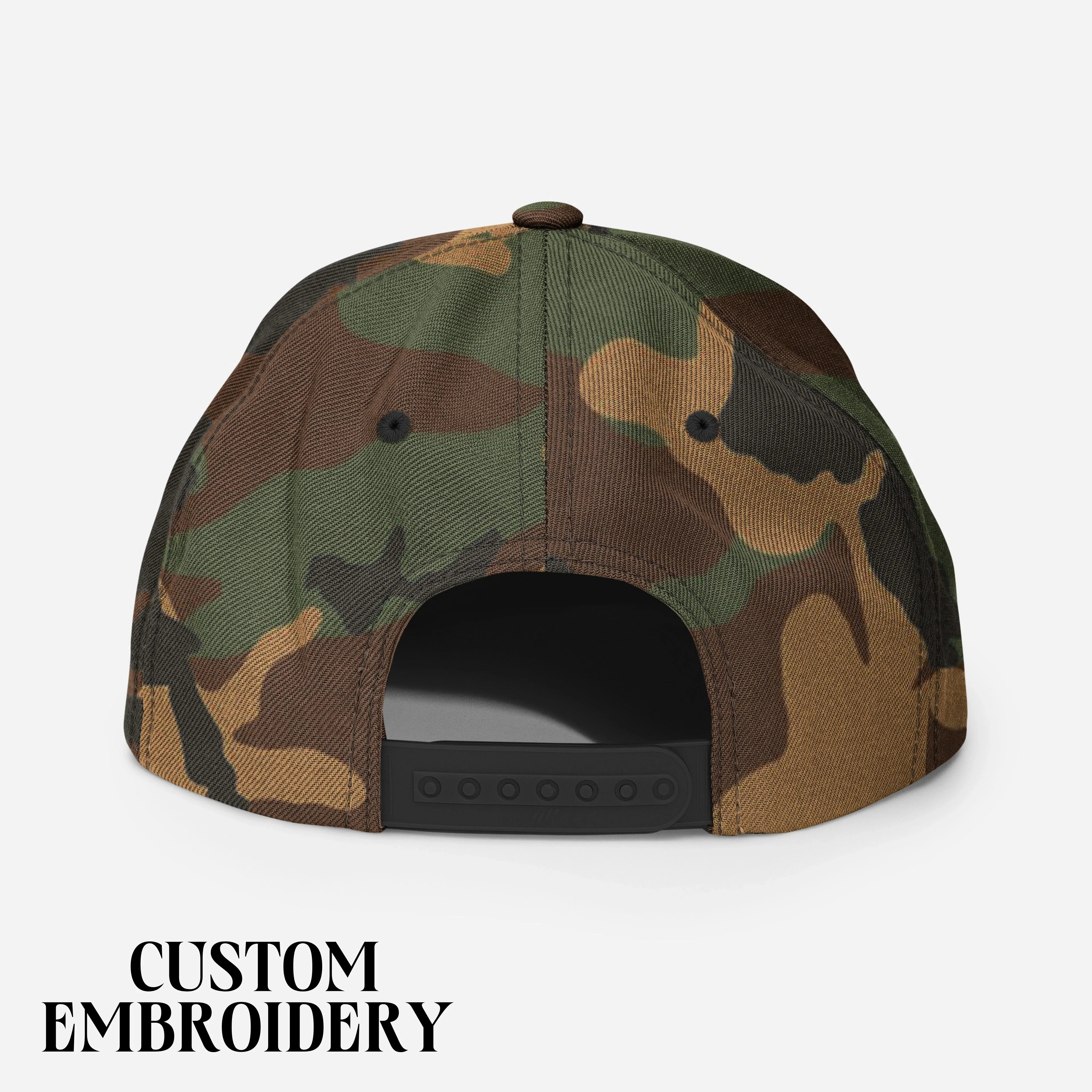 Back view of camo snapback hat with adjustable strap and custom embroidery text