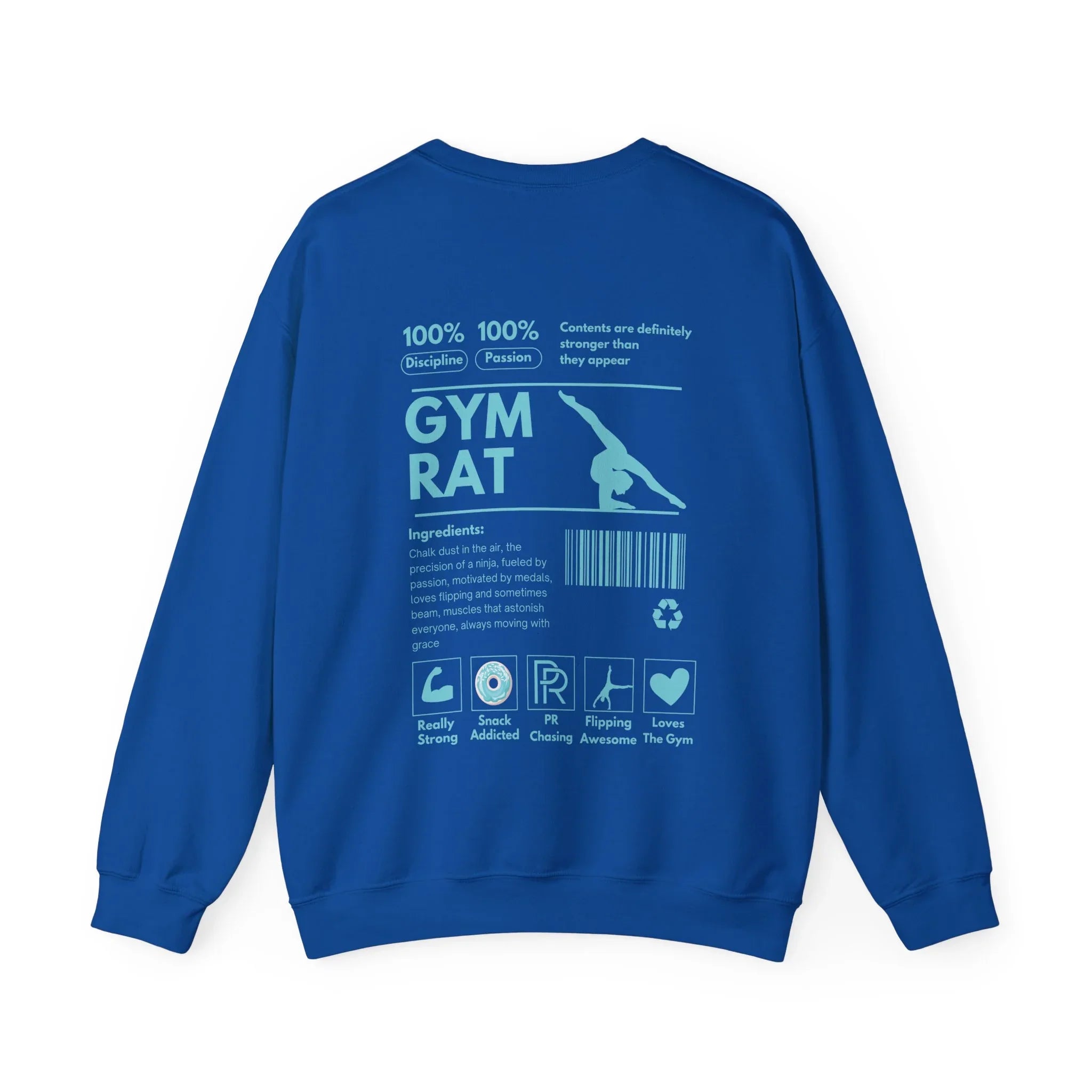 Blue sweatshirt with text and graphics on the back on a white background
