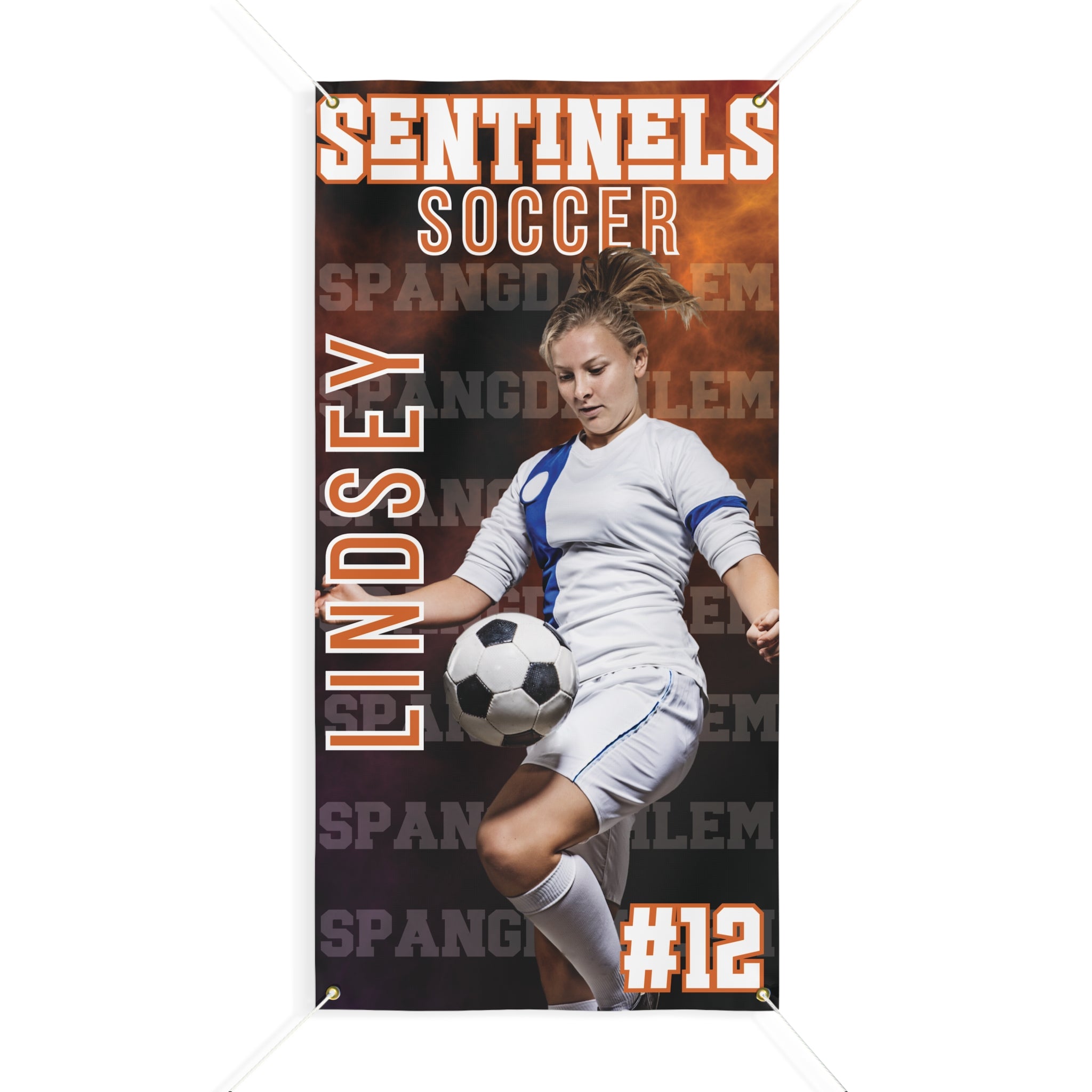 Soccer-themed banner with a player and text on a white background