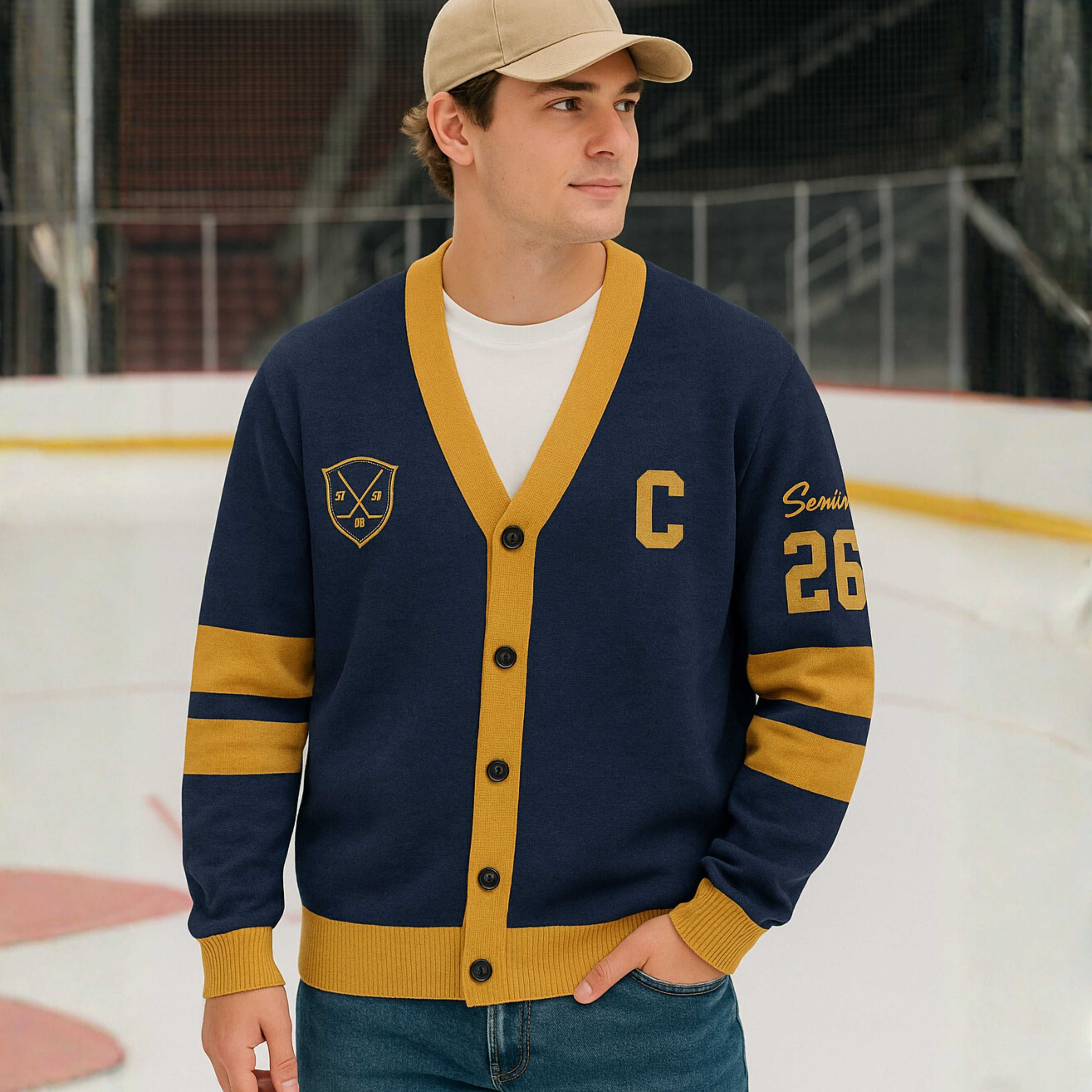 Man wearing navy and gold varsity cardigan with letter C on ice hockey rink