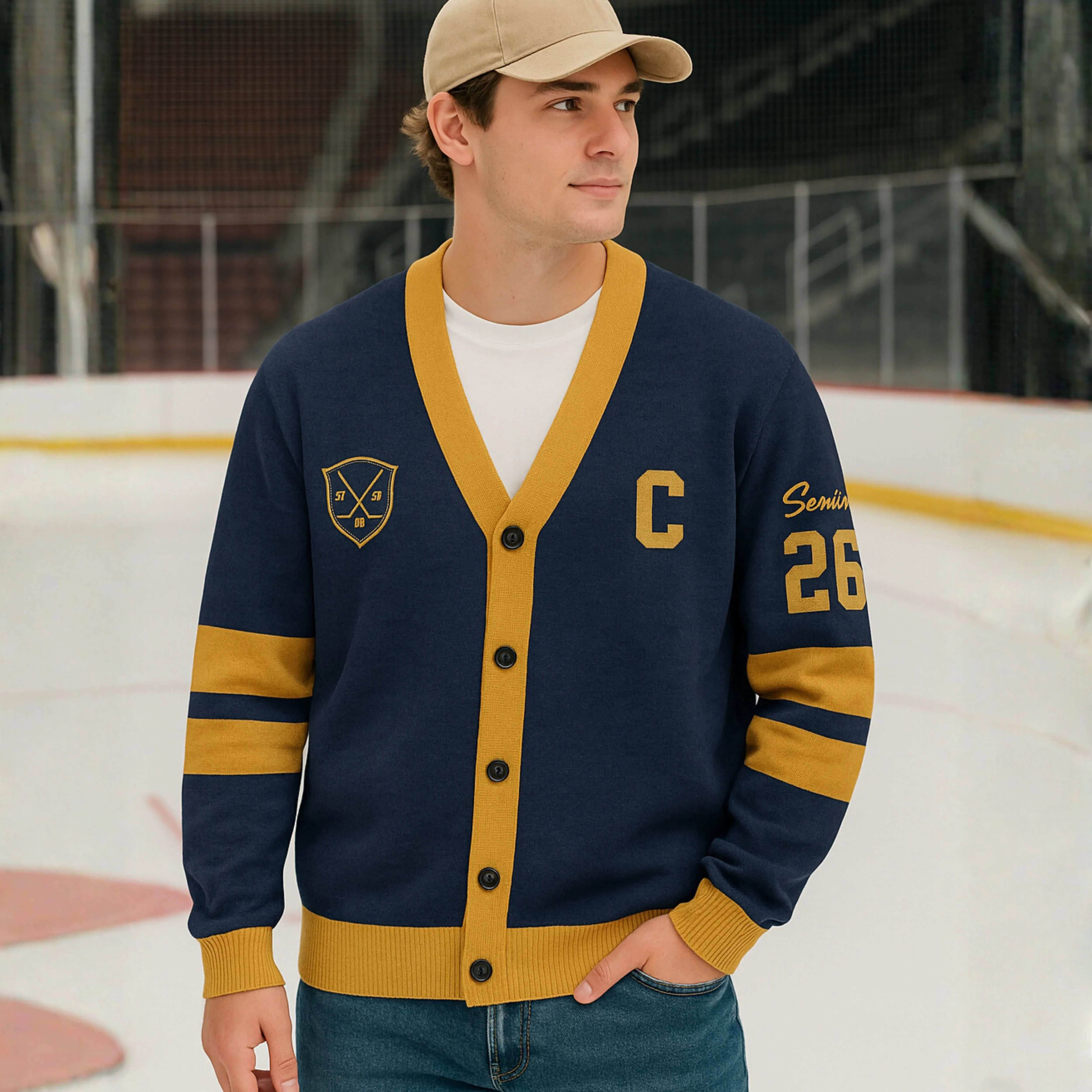 Man wearing navy and gold varsity cardigan with letter C on ice hockey rink