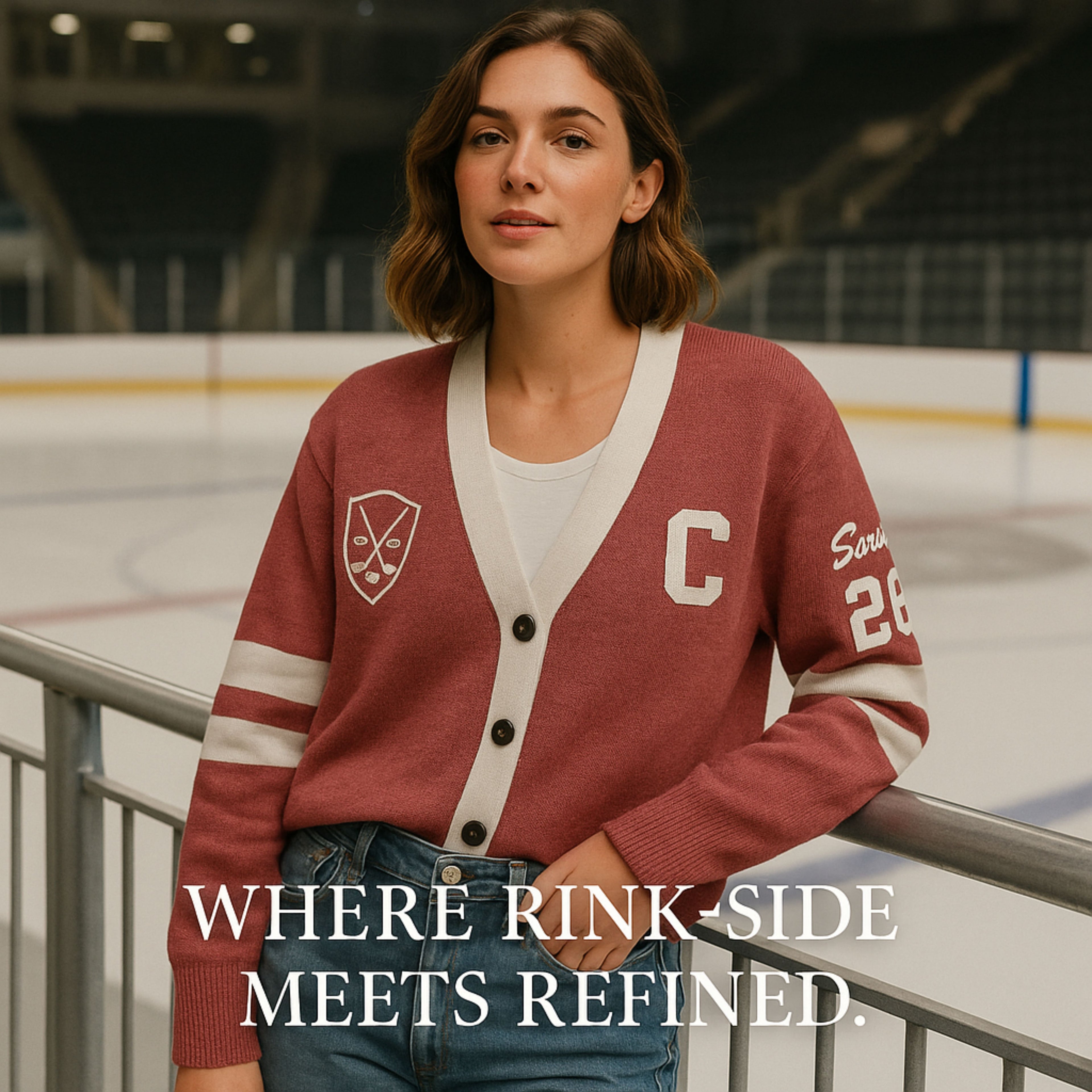 Woman in maroon varsity cardigan with sports patches standing by ice rink