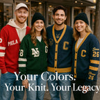 Group of adults outdoors wearing varsity letter cardigans in red, green, and blue for sports parents