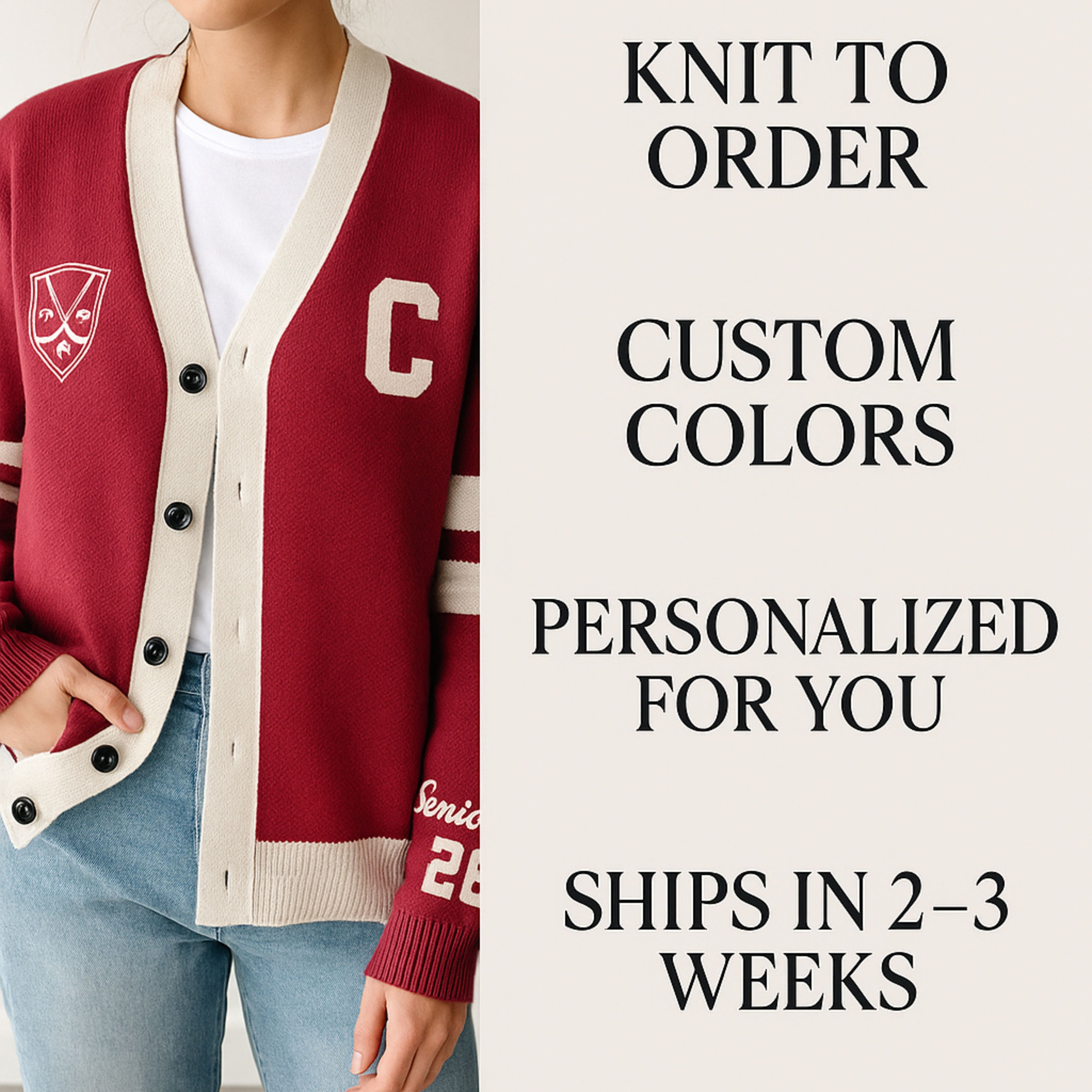 Woman wearing custom red varsity letterman cardigan with white trim and emblem, text highlights knit to order and personalization options.