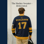 Man wearing navy and gold hockey sweater with RICHARDSON and number 17 on the back