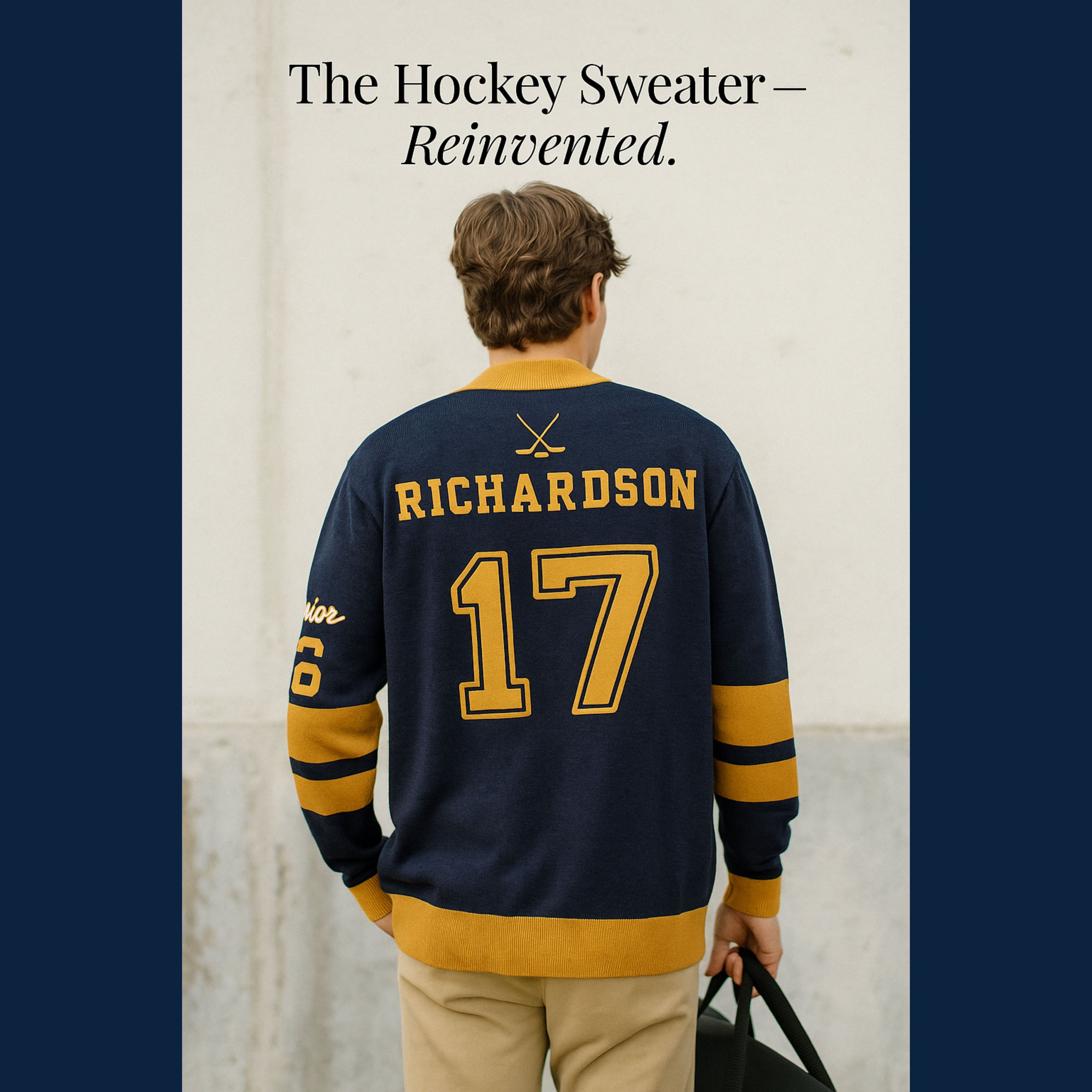 Man wearing navy and gold hockey sweater with RICHARDSON and number 17 on the back