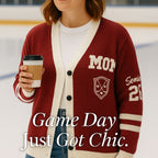 Woman in varsity-style mom cardigan holding coffee on ice rink, game day apparel focus