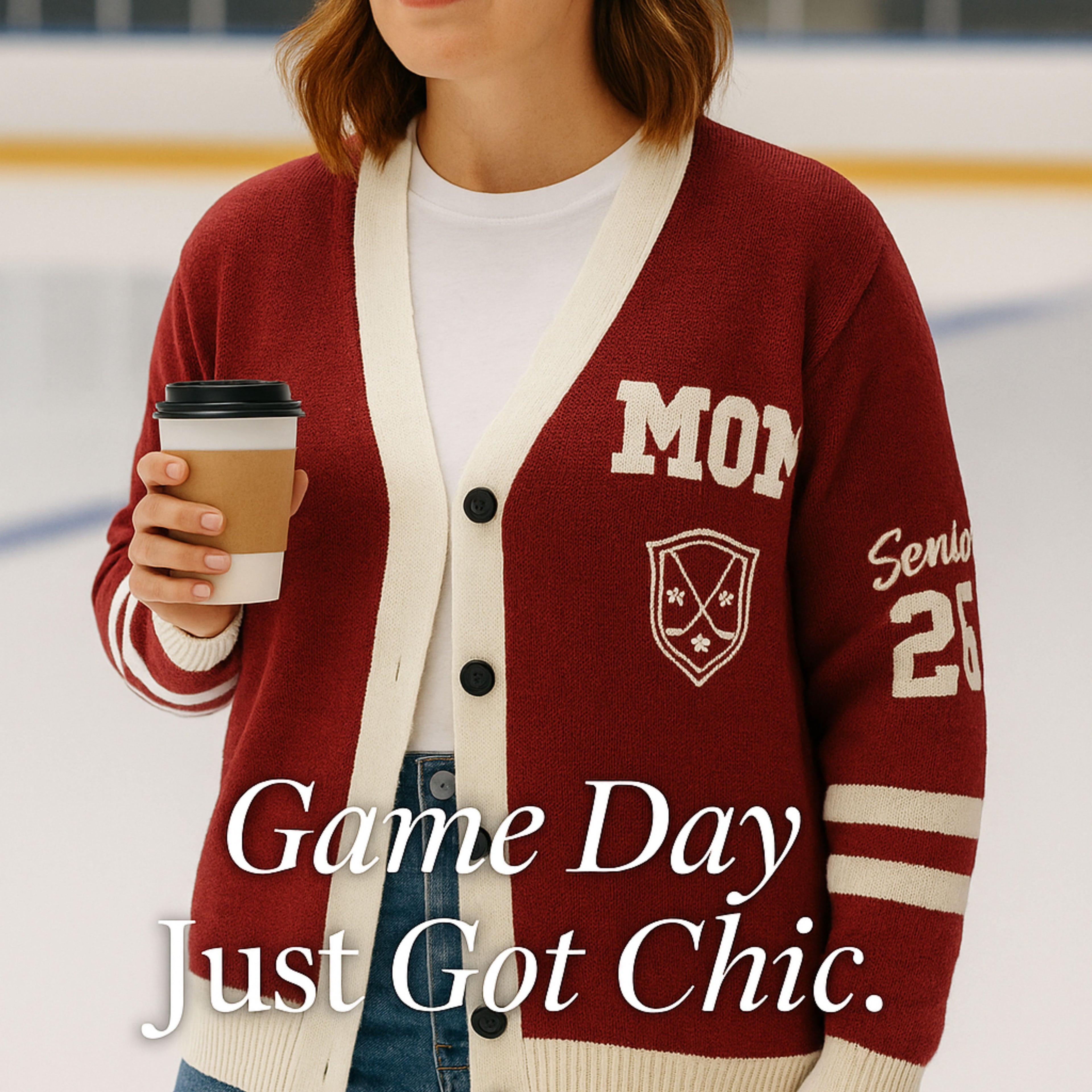 Woman in varsity-style mom cardigan holding coffee on ice rink, game day apparel focus