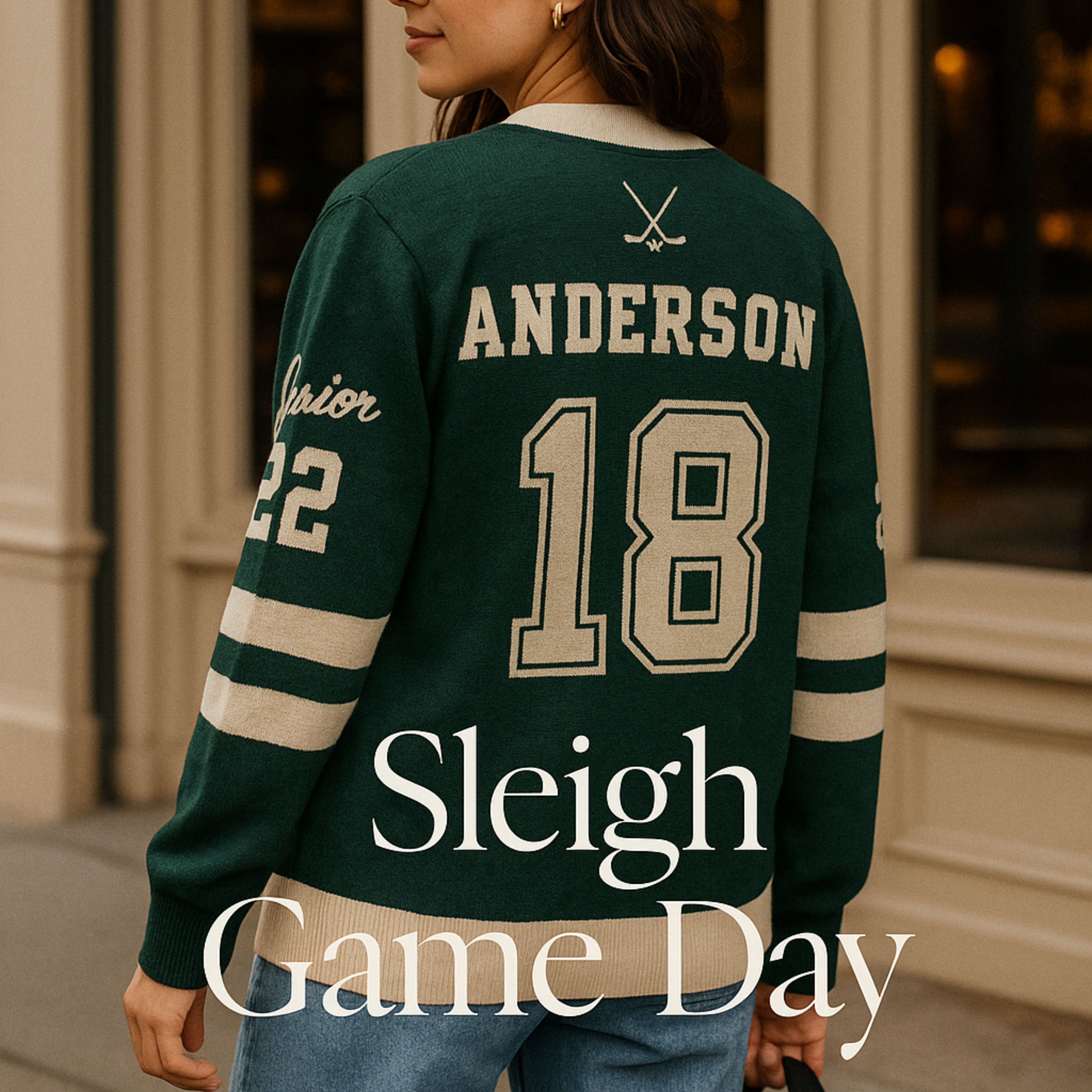 Woman wearing green varsity hockey sweater with 'Anderson 18', outdoors, game day apparel