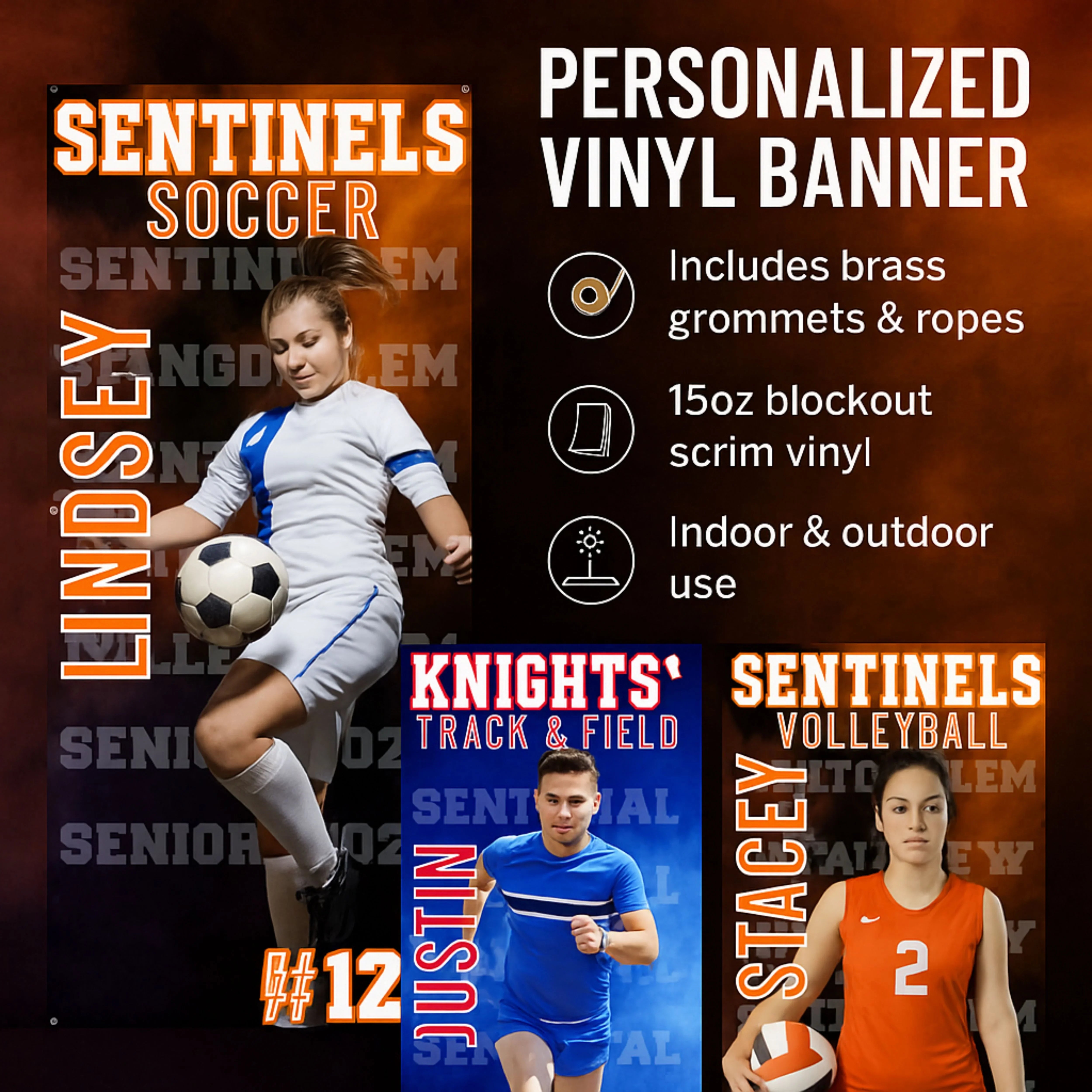 Personalized vinyl banner with soccer, track & field, and volleyball designs featuring athletes and text.