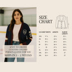 Woman wearing varsity cardigan sweater on ice rink, personalized knit to order, size chart displayed