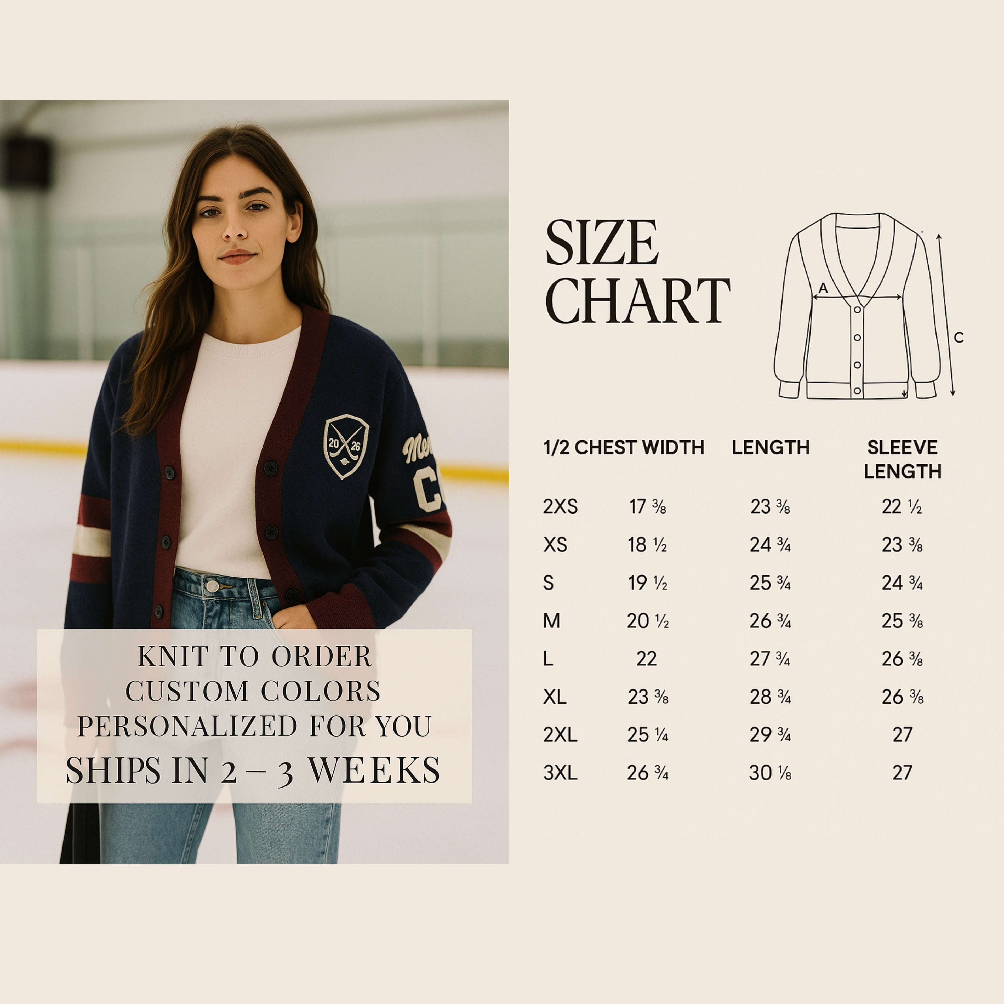 Woman wearing varsity cardigan sweater on ice rink, personalized knit to order, size chart displayed