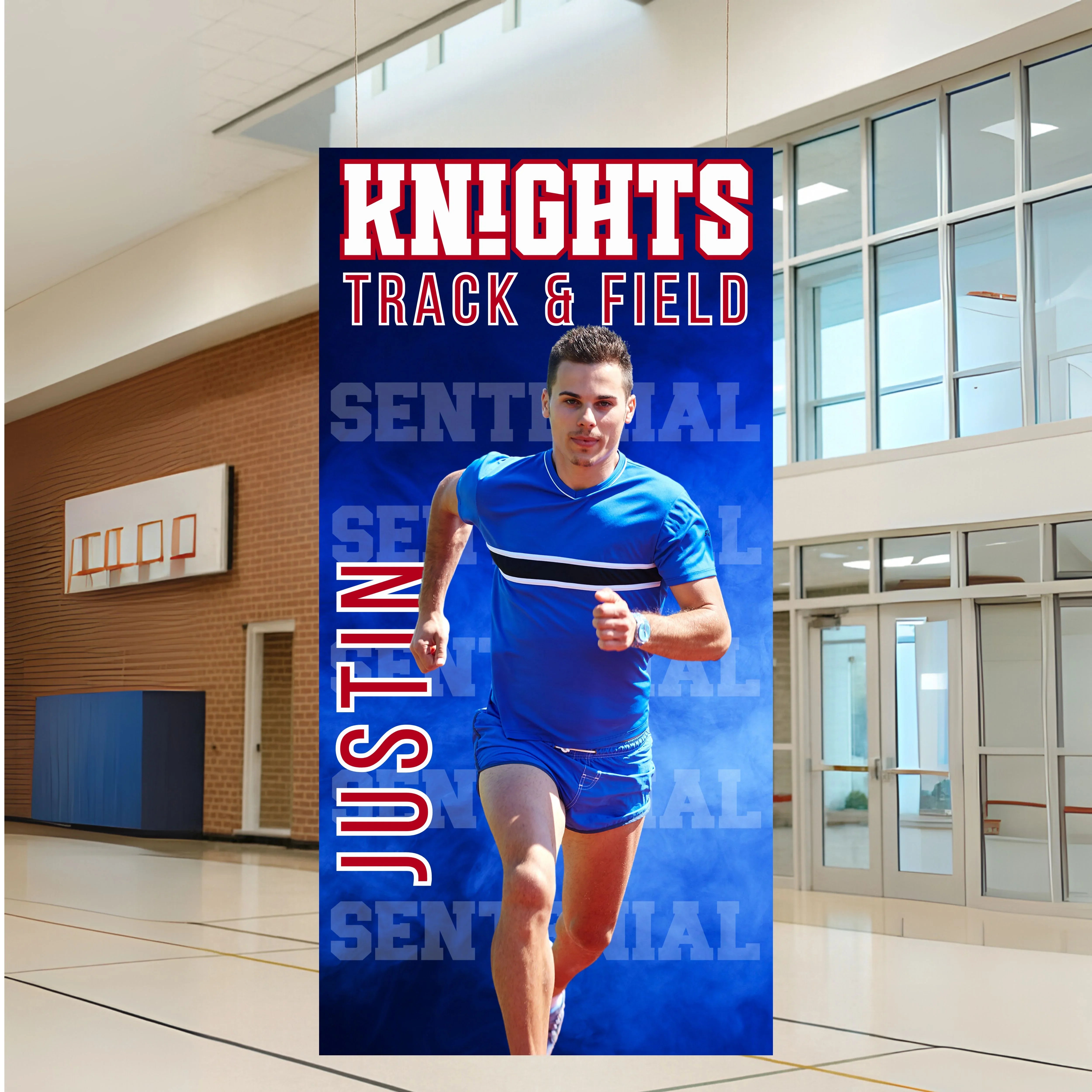Advertisement for Knights Track & Field featuring a runner in a blue uniform.