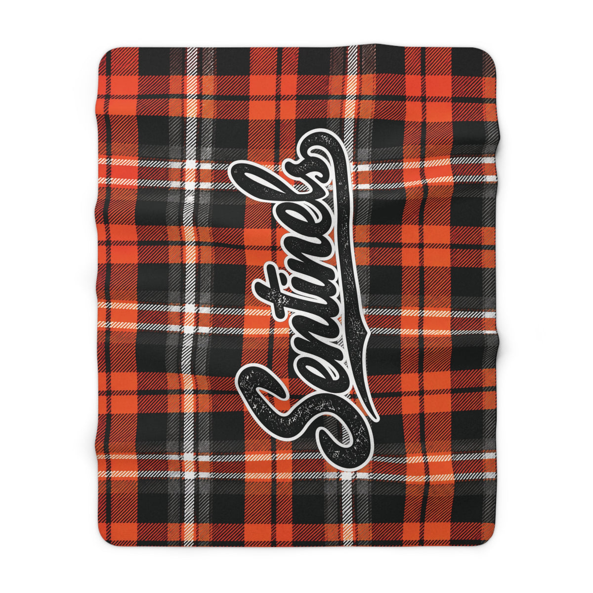 A rectangular throw blanket featuring a orange, black, and white plaid pattern with a large white script 'Sentinels' logo outlined in black across the center, shown on a plain white background.