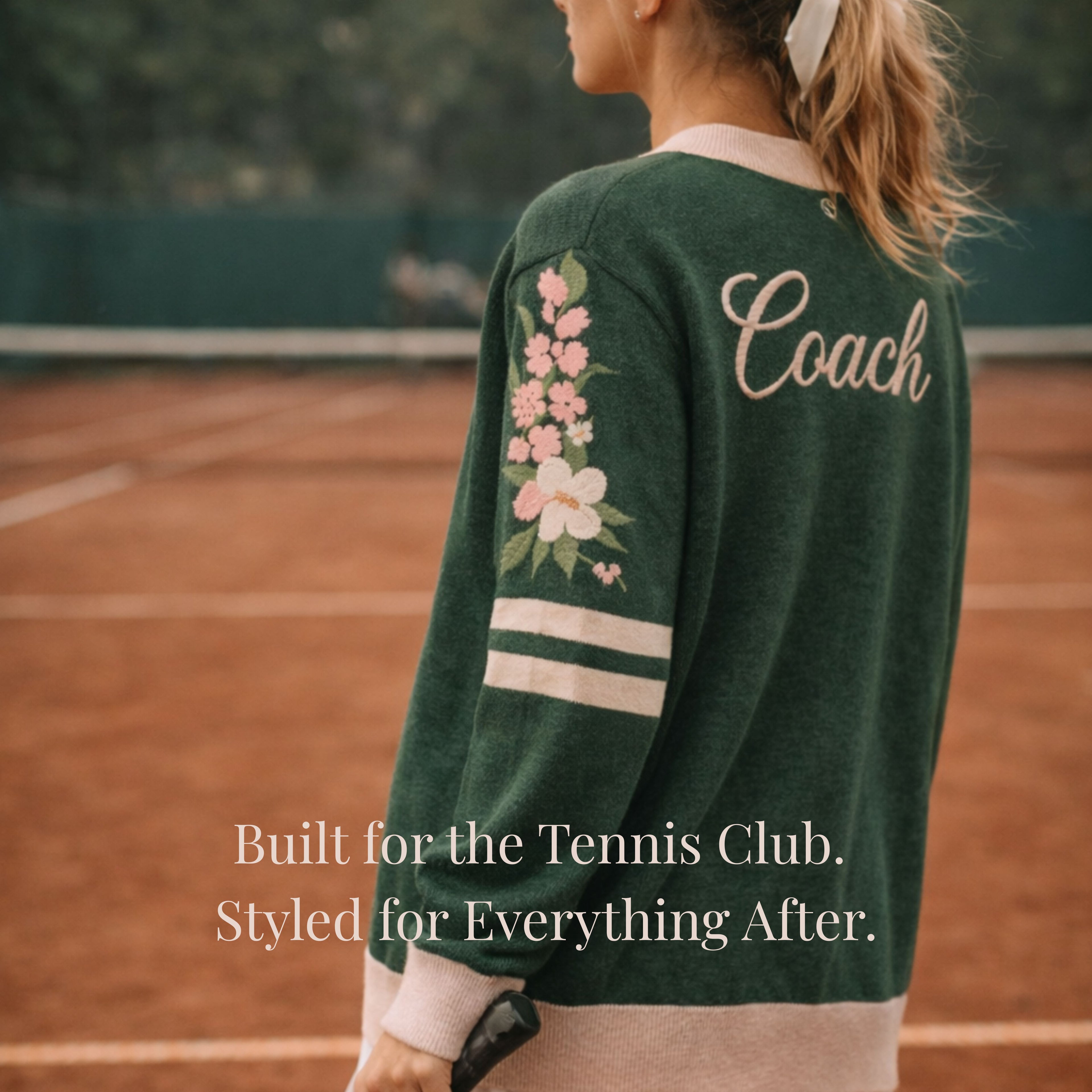 Woman on tennis court wearing green sweater with floral sleeve and 'Coach' text on back