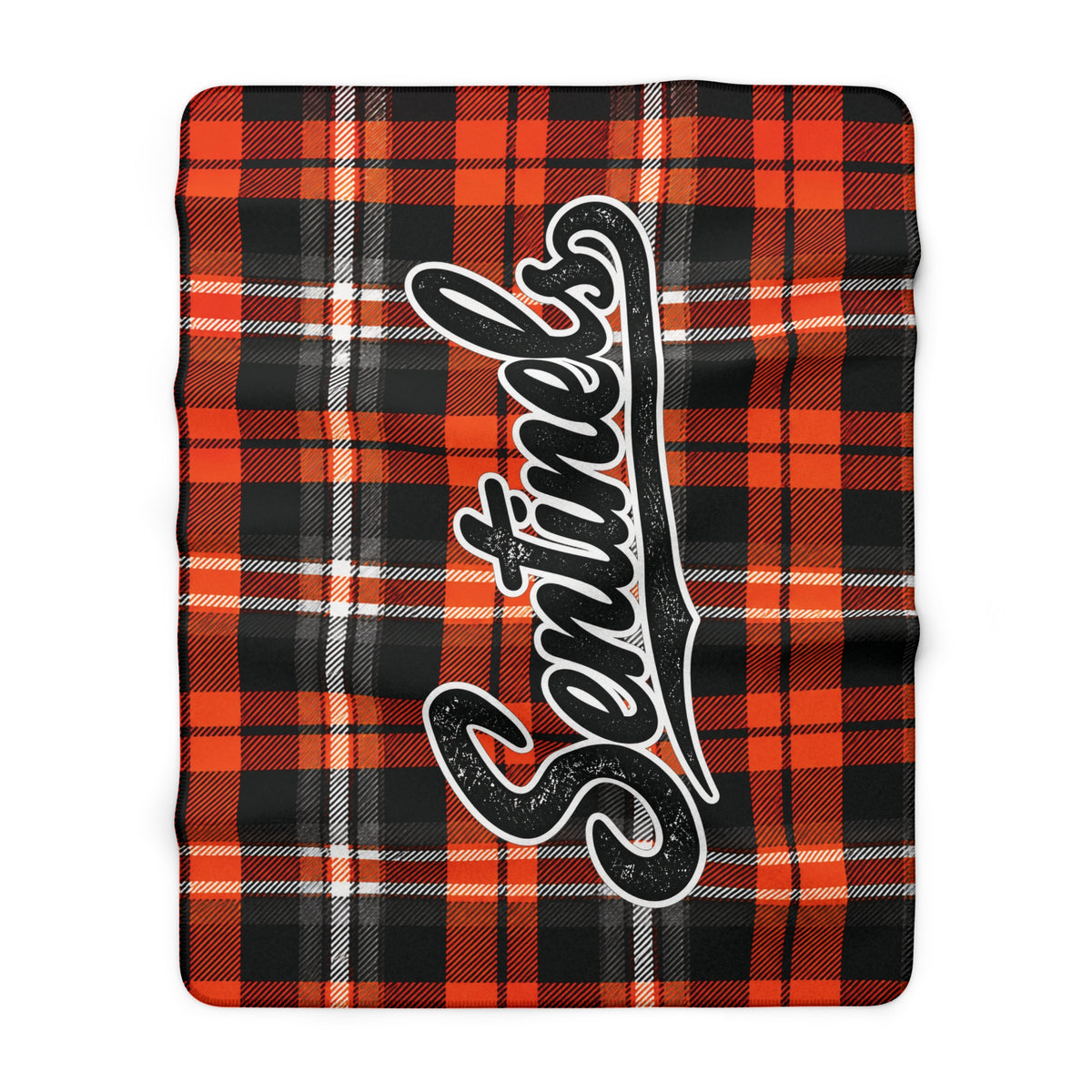 A square fleece blanket featuring a orange, black, and white plaid pattern with a large white script 'Sentinels' logo outlined in black across the center, shown flat against a white background.